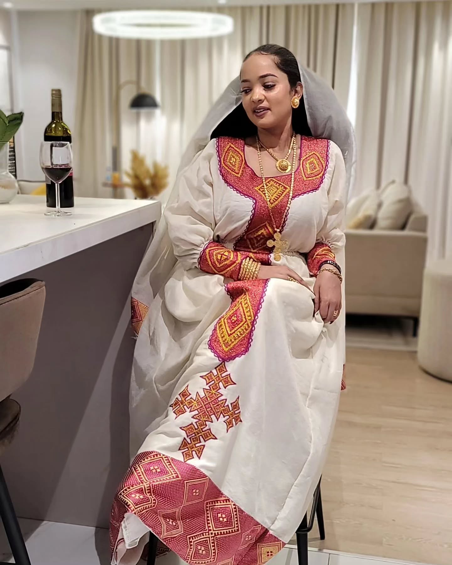 Red & Gold Embroidered Habesha Kemis – Traditional Ethiopian Dress for Women