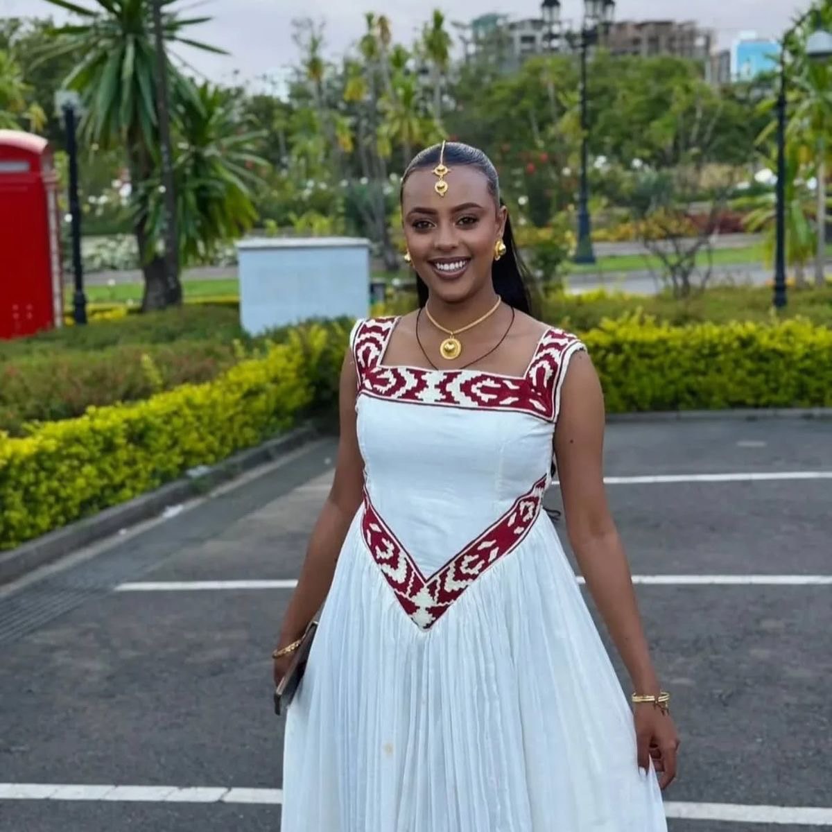 Graceful White & Red Habesha Kemis Traditional Ethiopian Womenβs Dress Sleeveless Habesha Dress 0072