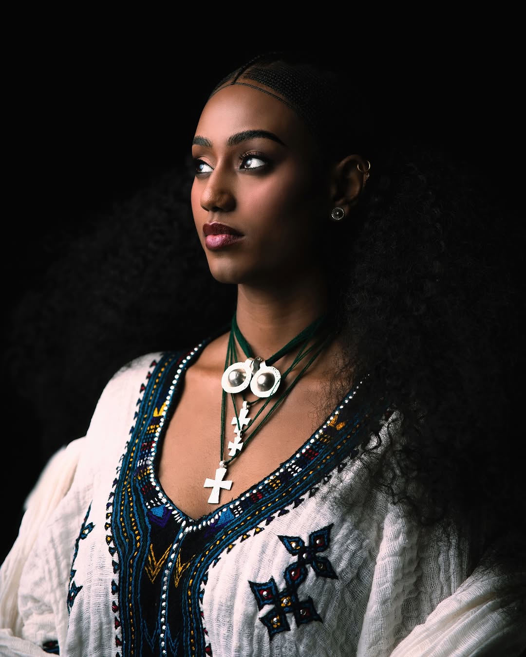 Royal Ethiopian Traditional Dress White Habesha Kemis with Teal & Black Tibeb Handwoven Habesha Dress 0074