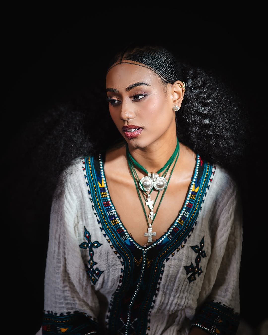 Royal Ethiopian Traditional Dress White Habesha Kemis with Teal & Black Tibeb Handwoven Habesha Dress 0074
