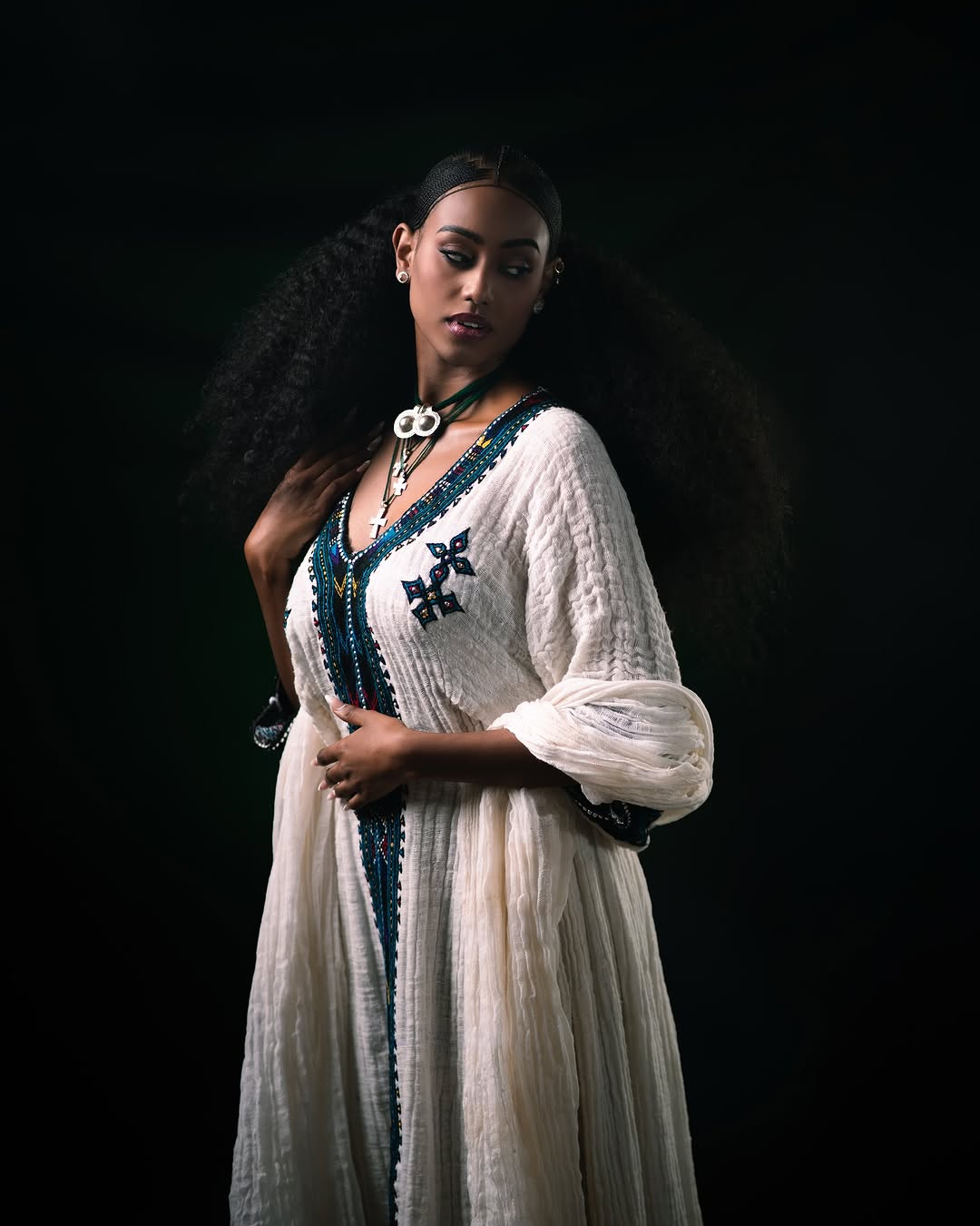 Royal Ethiopian Traditional Dress White Habesha Kemis with Teal & Black Tibeb Handwoven Habesha Dress 0074
