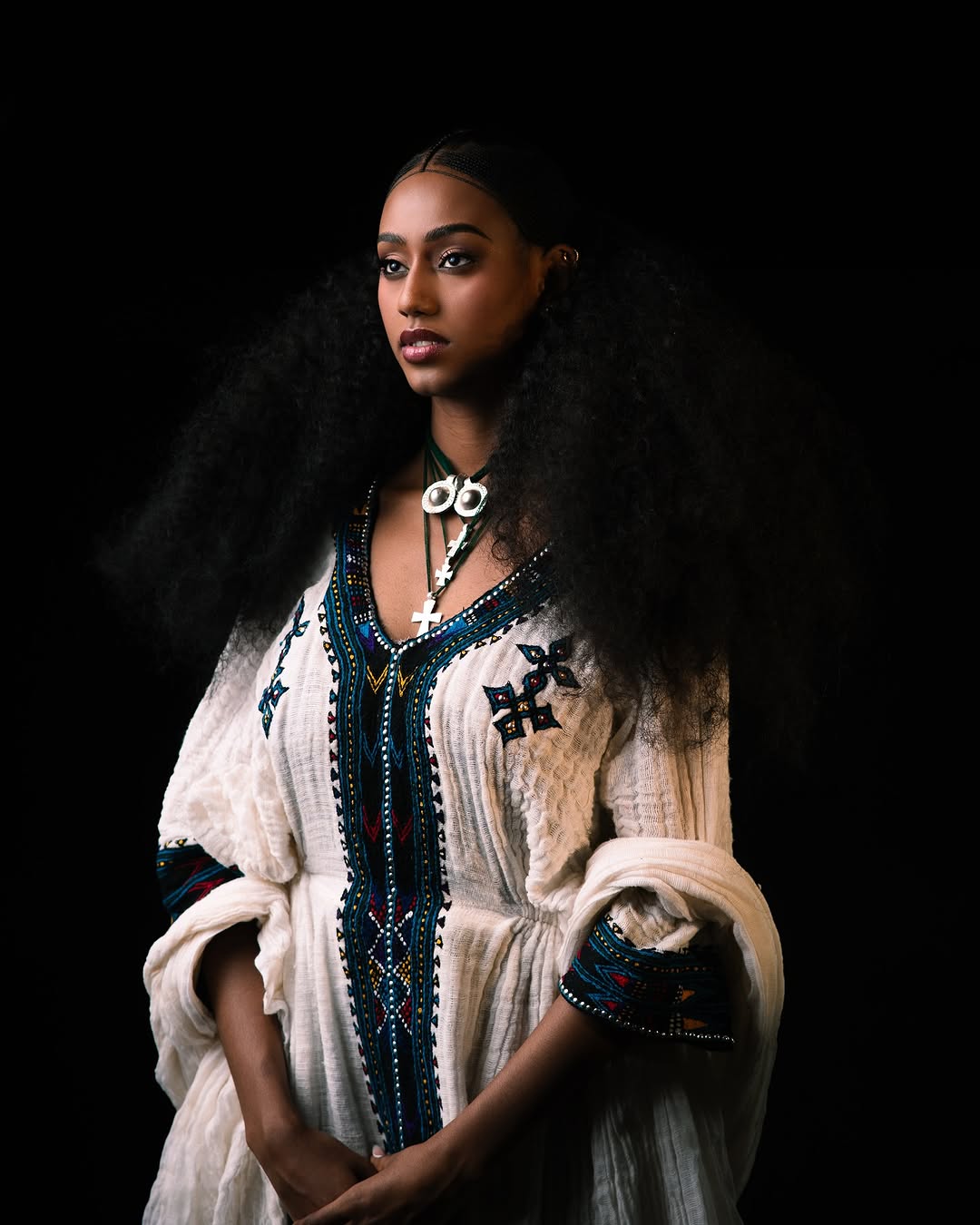 Royal Ethiopian Traditional Dress White Habesha Kemis with Teal & Black Tibeb Handwoven Habesha Dress 0074