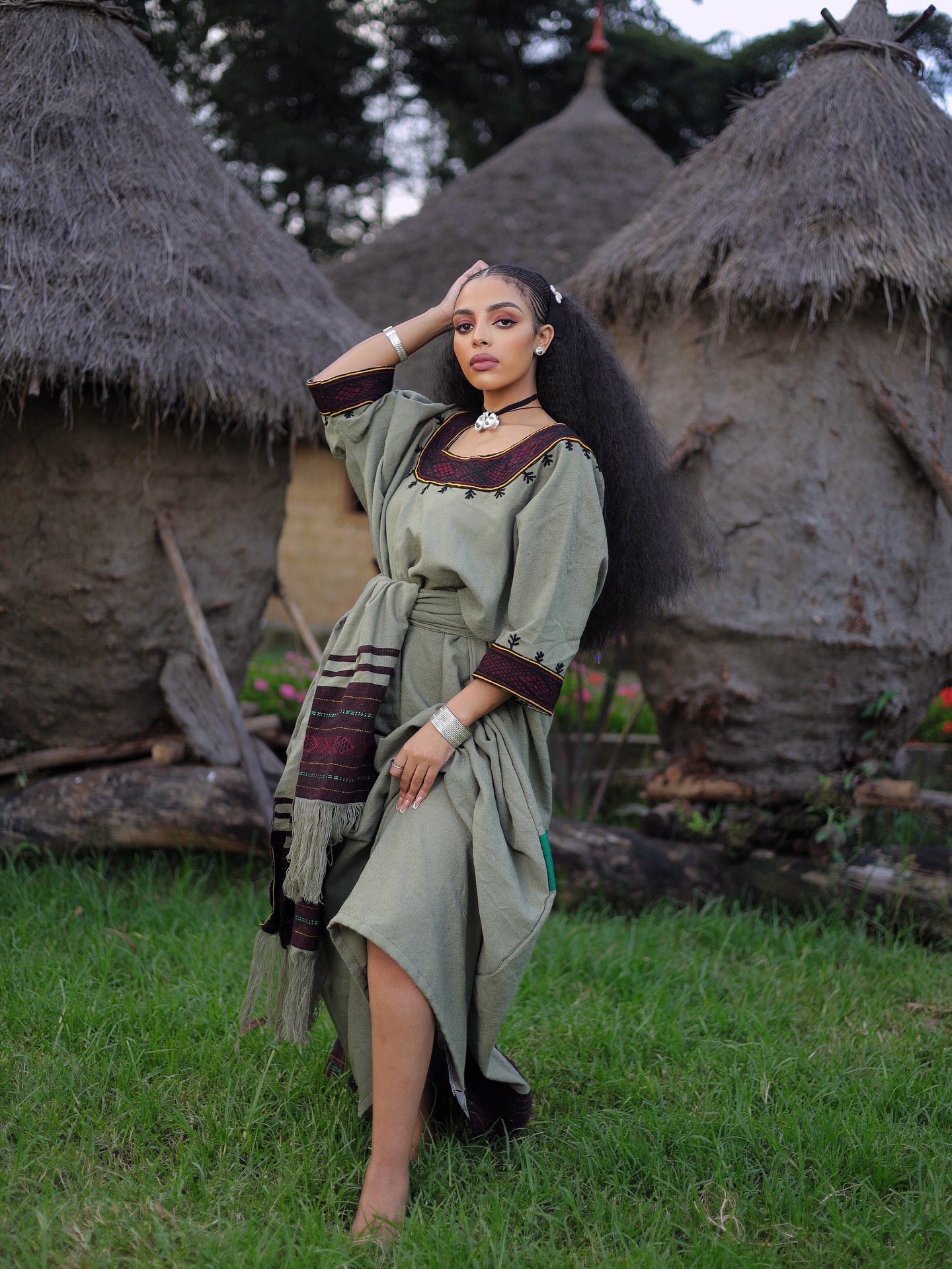 Traditional Ethiopian Cultural Dress Earth-Toned Design Habesha Dress with Netela Handwoven Habesha Kemis 0076