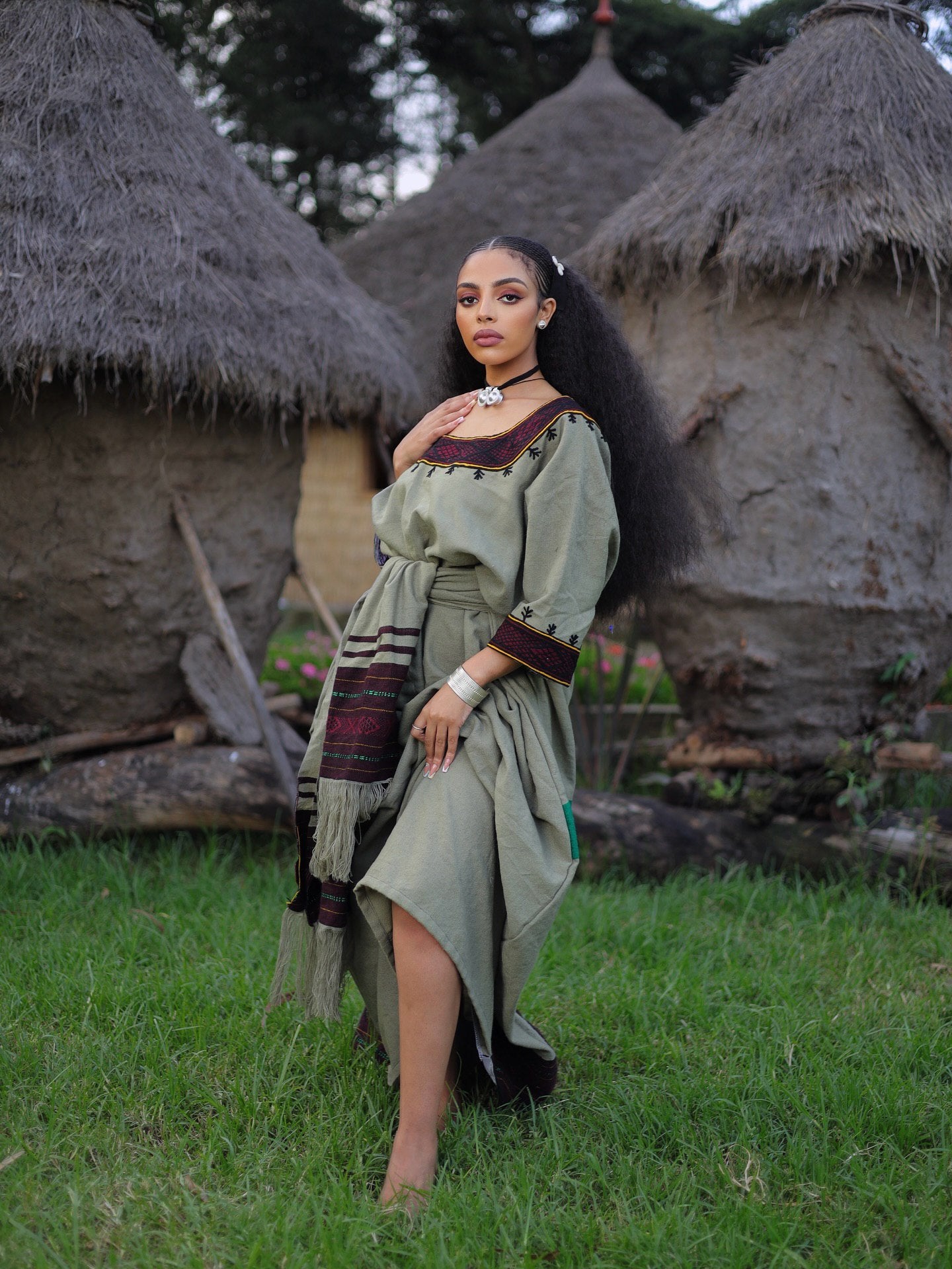 Traditional Ethiopian Cultural Dress Earth-Toned Design Habesha Dress with Netela Handwoven Habesha Kemis 0076