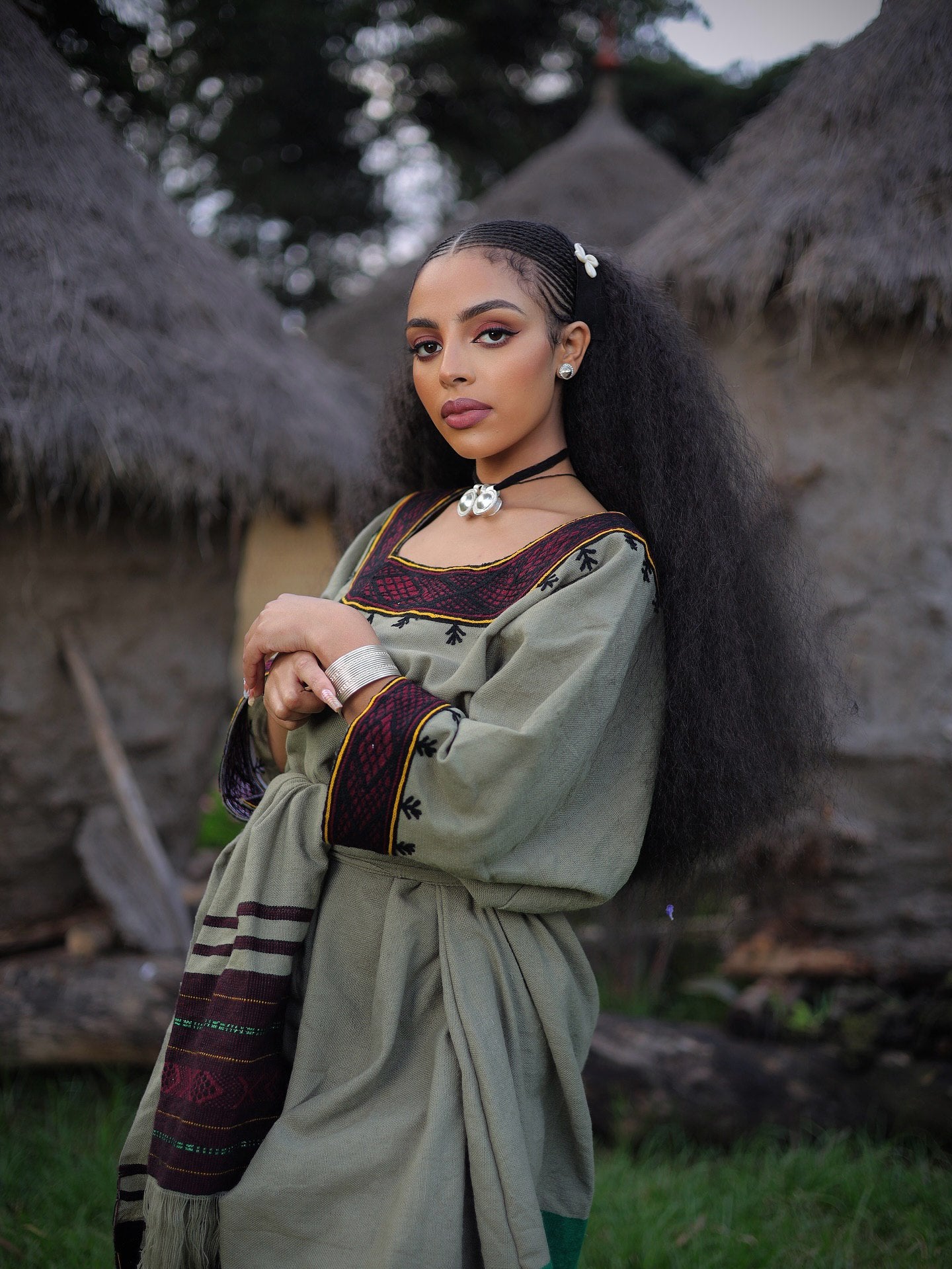 Traditional Ethiopian Cultural Dress Earth-Toned Design Habesha Dress with Netela Handwoven Habesha Kemis 0076