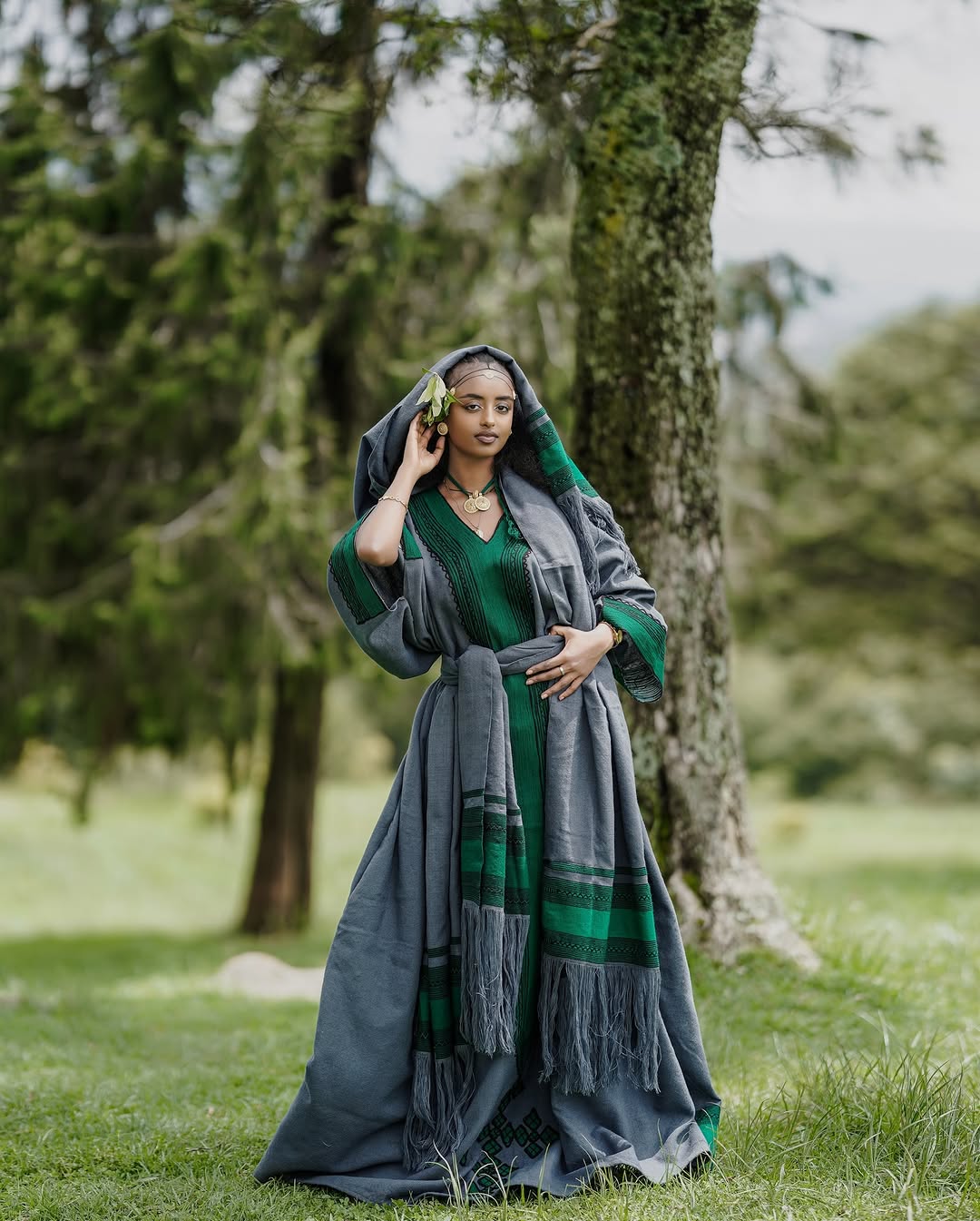 Green and Grey Habesha Kemis Handwoven Ethiopian Traditional Dress Habesha Dress for Special Events 0077