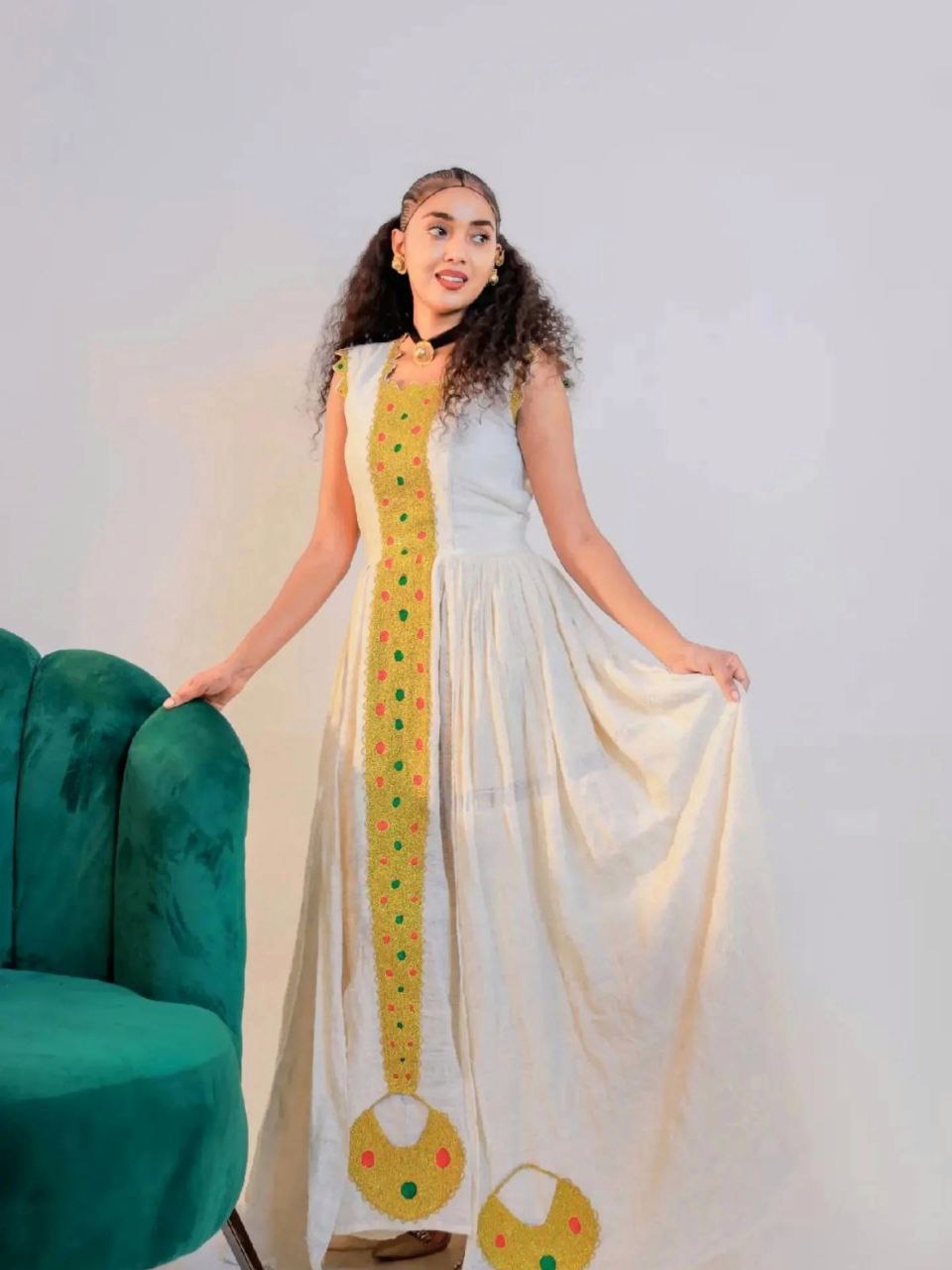 Yellow & Multicolor Detailing Ethiopian Cloth Vibrant Ethiopian Habesha Dress Handwoven White Fabric Habesha Kemis 0082