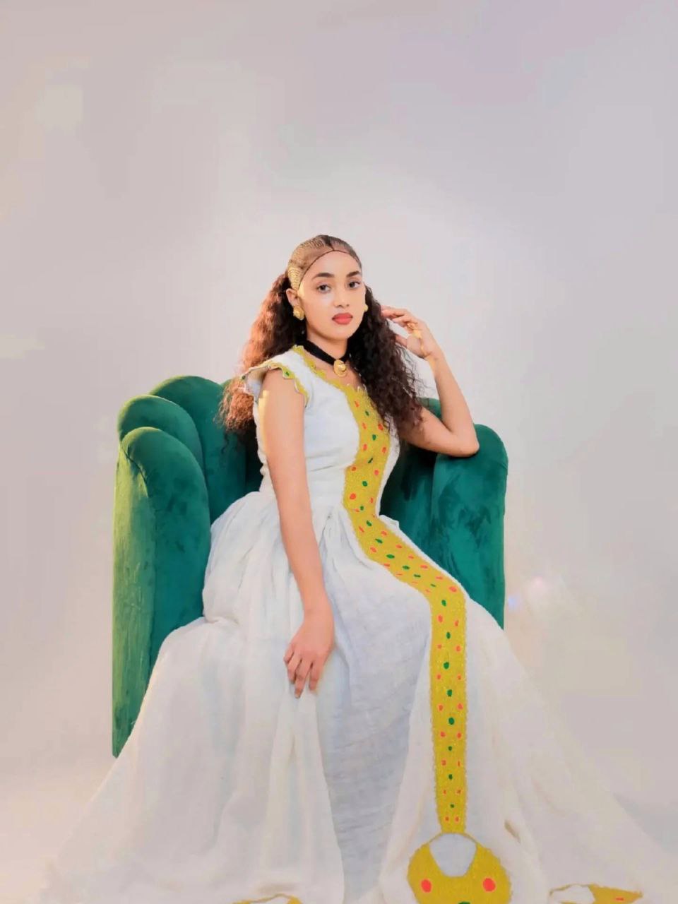 Yellow & Multicolor Detailing Ethiopian Cloth Vibrant Ethiopian Habesha Dress Handwoven White Fabric Habesha Kemis 0082