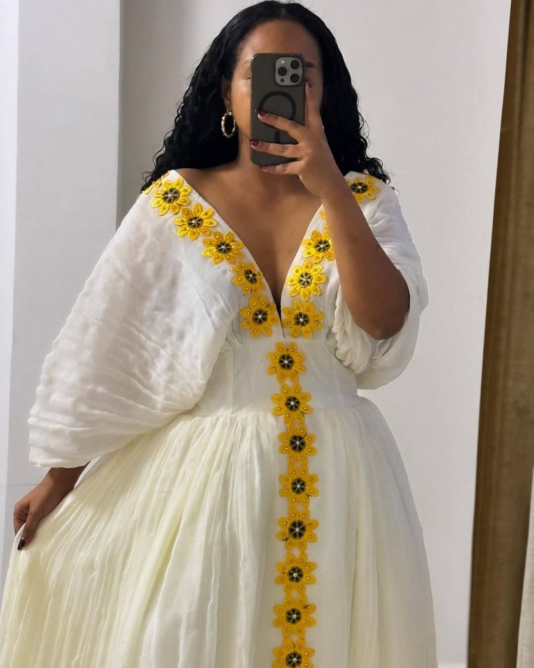 Ethiopian Traditional Dress Yellow Floral Embroidery Habesha Kemis Beautiful Habesha Dress For Enkutatash 0084