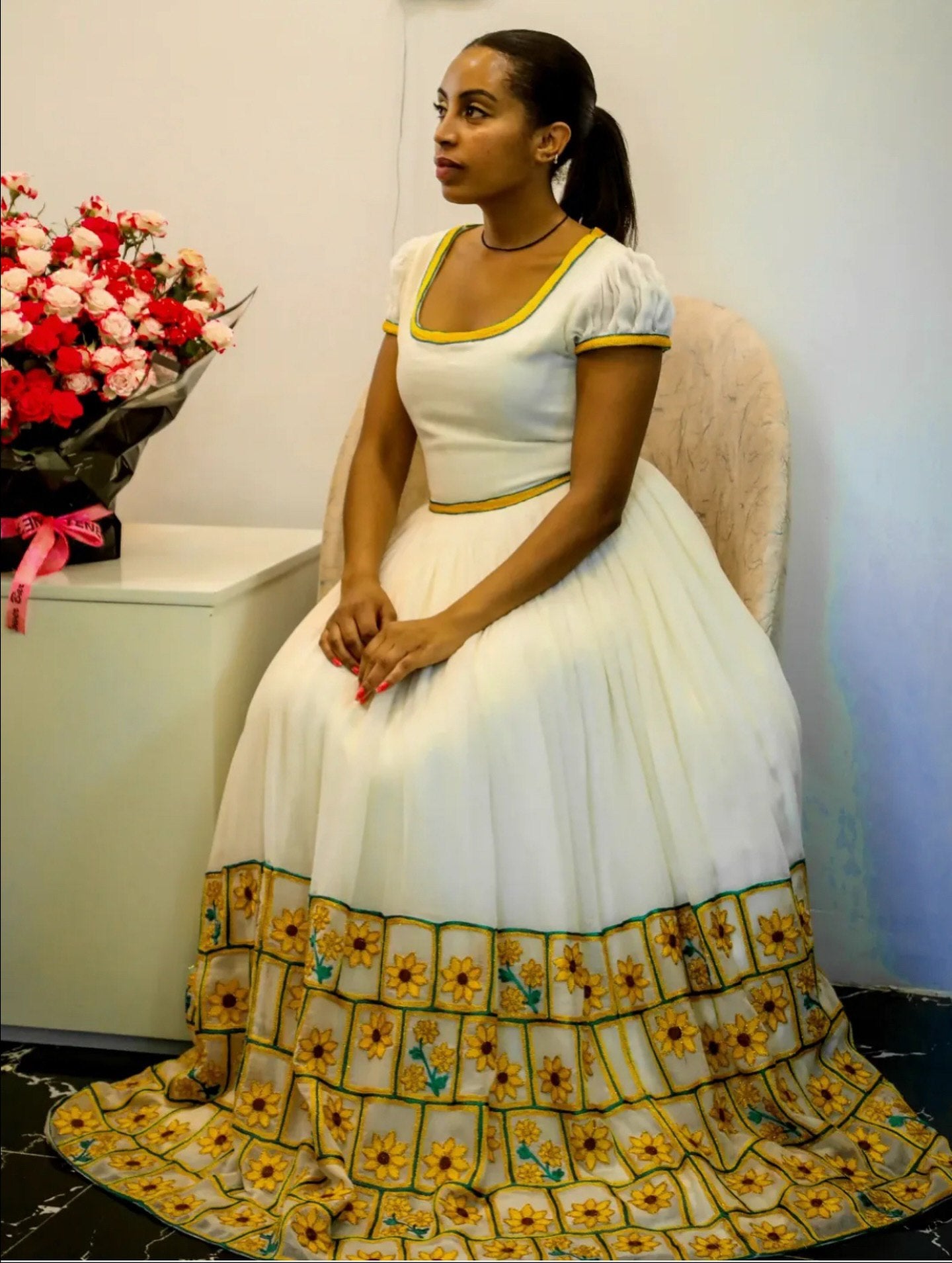Habesha Kemis with Yellow Flower Embroidery β Modern Ethiopian Traditional Dress