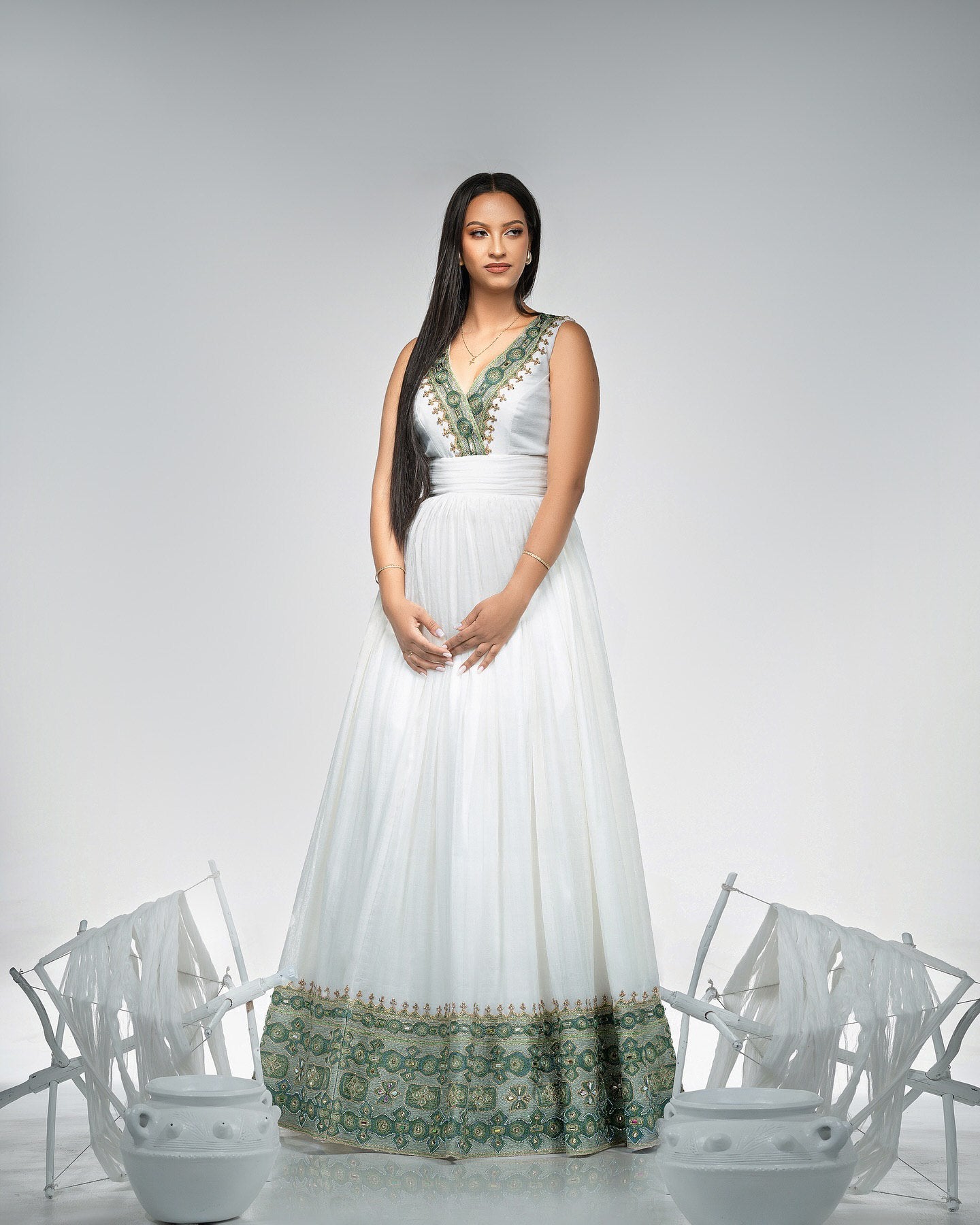 White V-Neck Habesha Dress Green & Gold Tibeb Ethiopian Wear Elegant Cultural Habesha Kemis 0058
