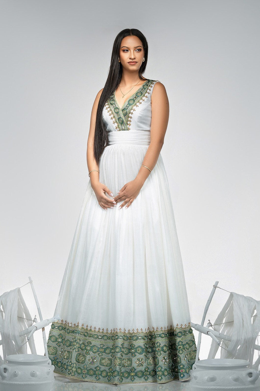 green white and gold dress Green Habesha Dress With Gold Borders Modern Ethiopian Clothing for Celebrations