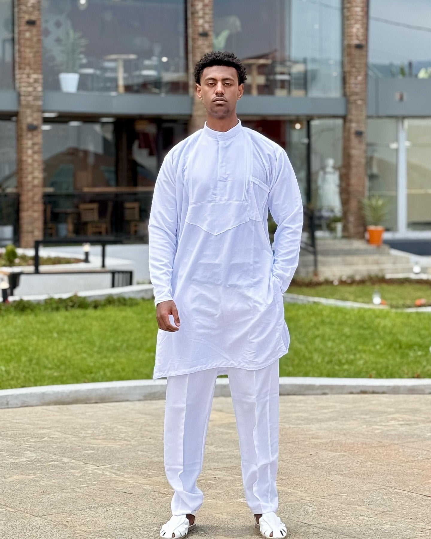 Classic Ethiopian Men’s Traditional Clothing White Outfit with Netela Cultural Men's Outfit 0071