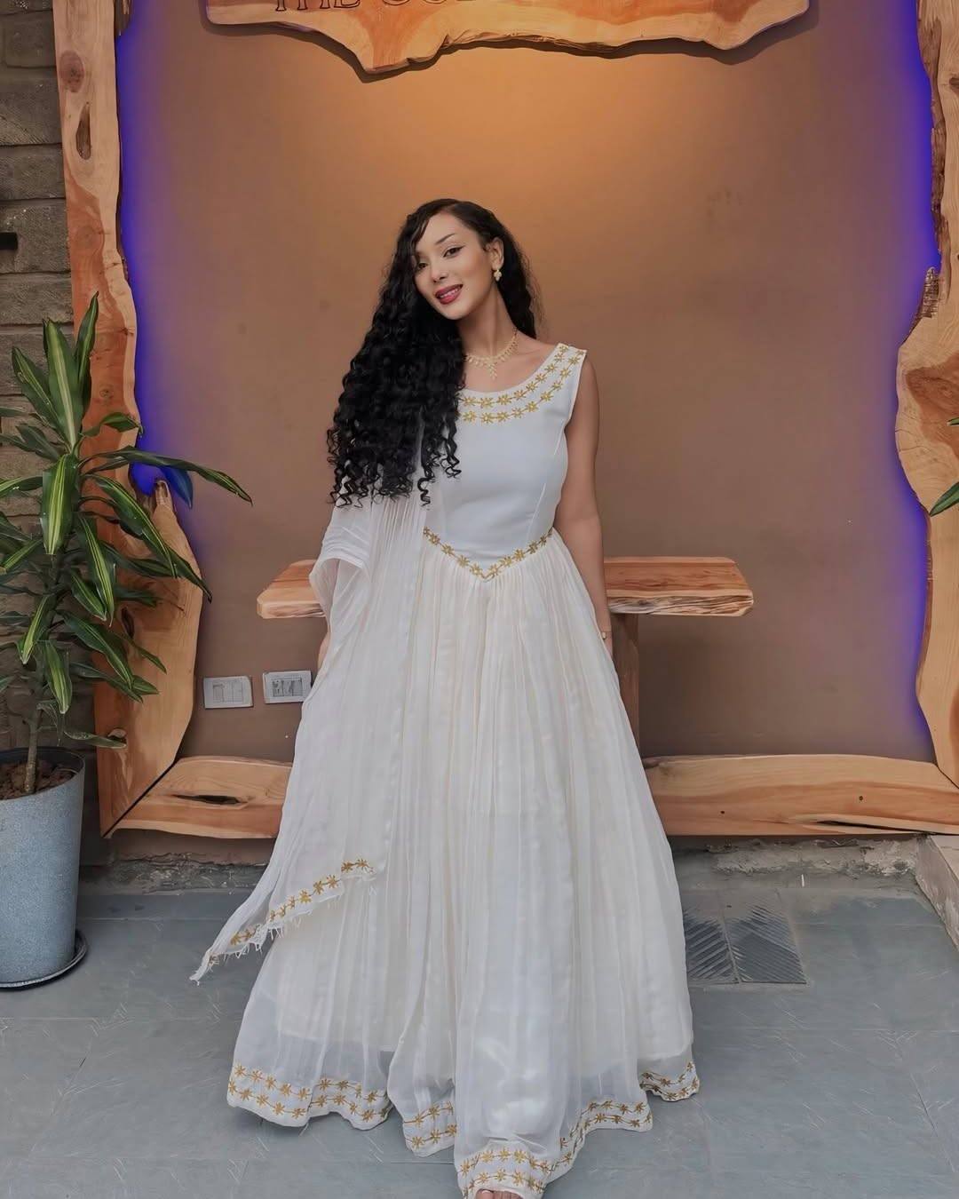 White Habesha Kemis with Gold Embroidery Sleeveless Habesha Dress Timeless Ethiopian Clothing For Cultural Events 0089