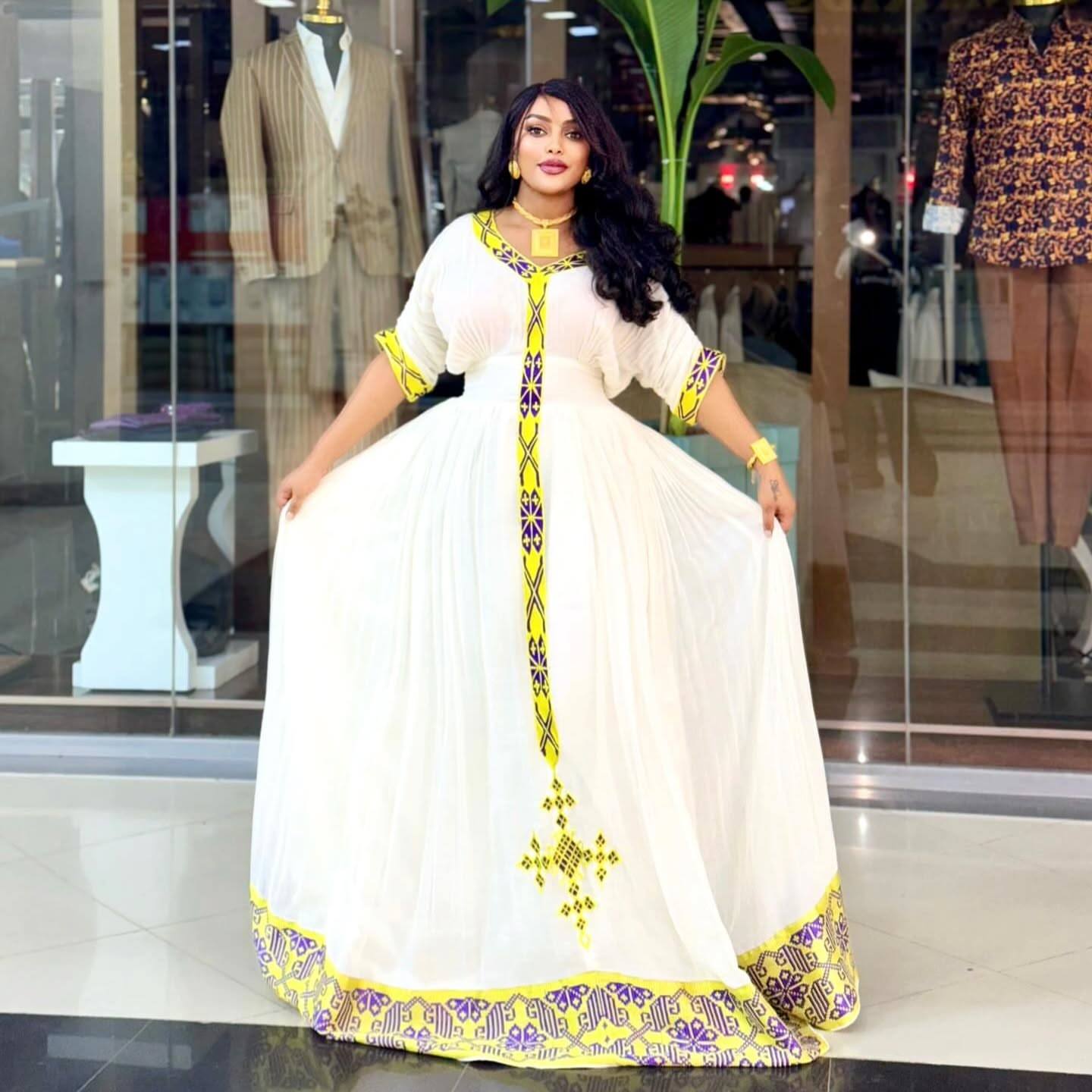 Cultural Ethiopian Dress For Special Celebrations Yellow & Purple Tibeb Habesha Kemis Soft Handwoven Habesha Dress 0090