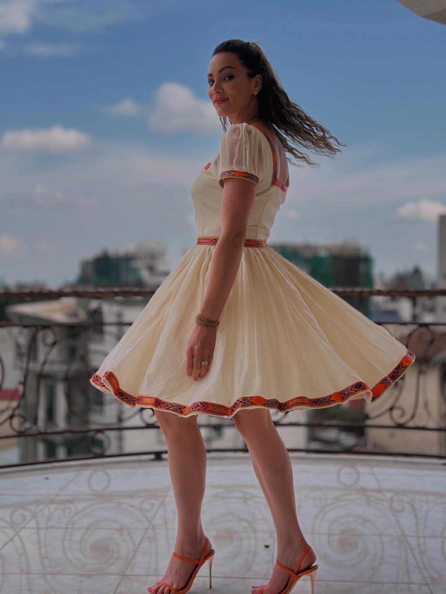 Traditional Ethiopian Dress Cream with Orange Handwoven Habesha Kemis Short Sleeve Cultural Habesha Dress 0093