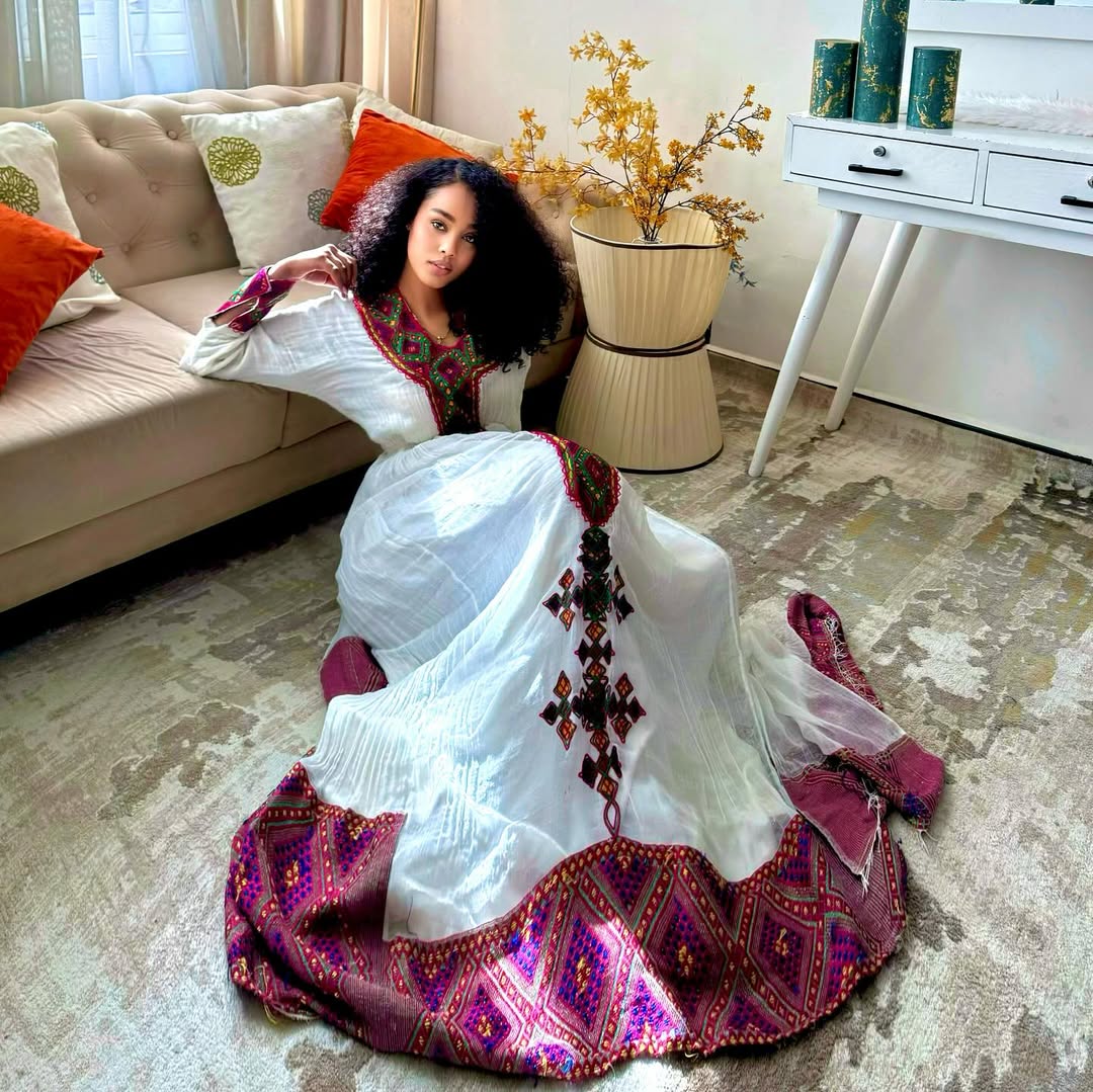 Handwoven Ethiopian Habesha Kemis Burgundy & Purple Traditional Dress Timeless Habesha Dress For Holidays 0095