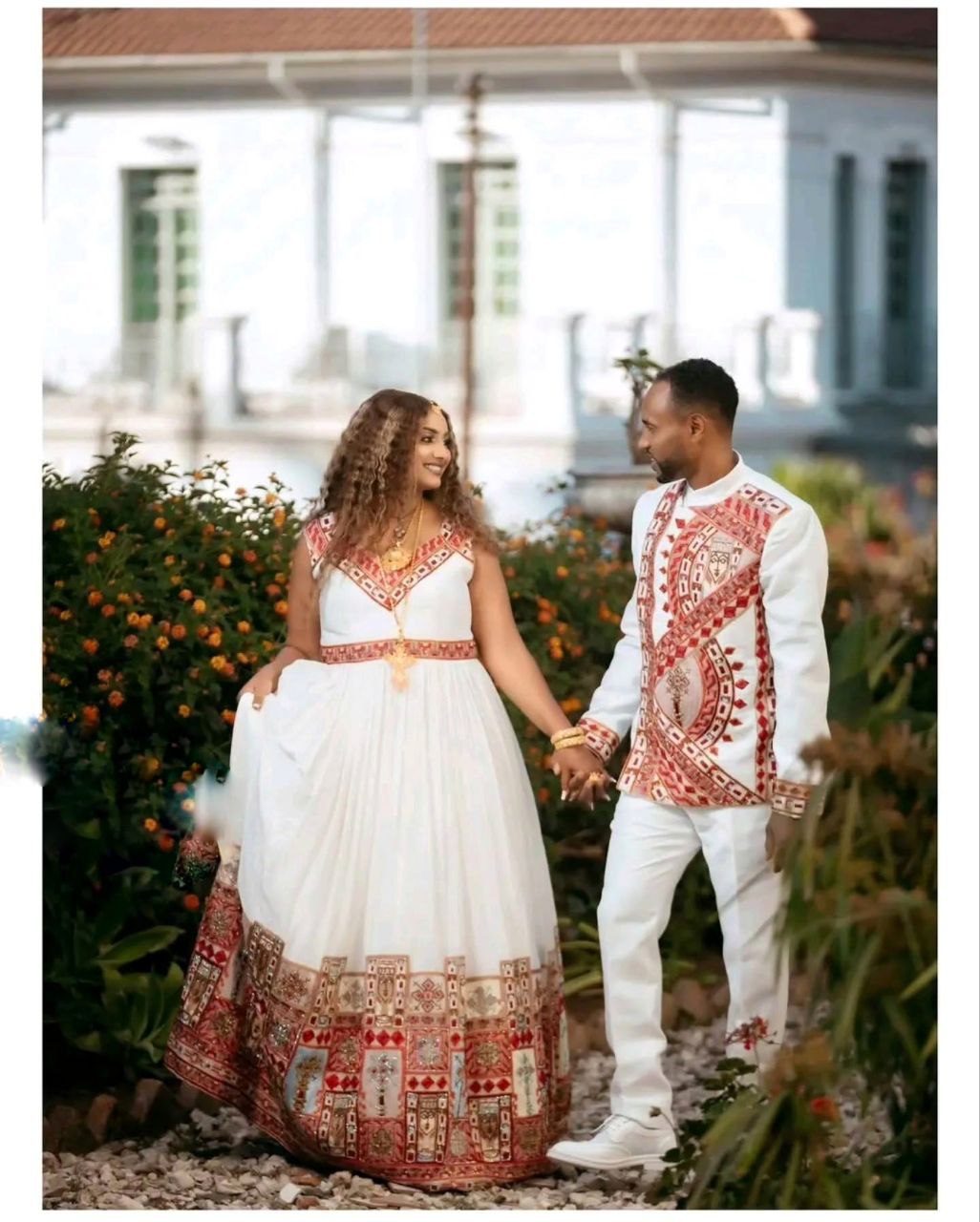 Matching Ethiopian Wedding Outfits Traditional Habesha Kemis & Men’s Suit Elegant Couple's Set 0098