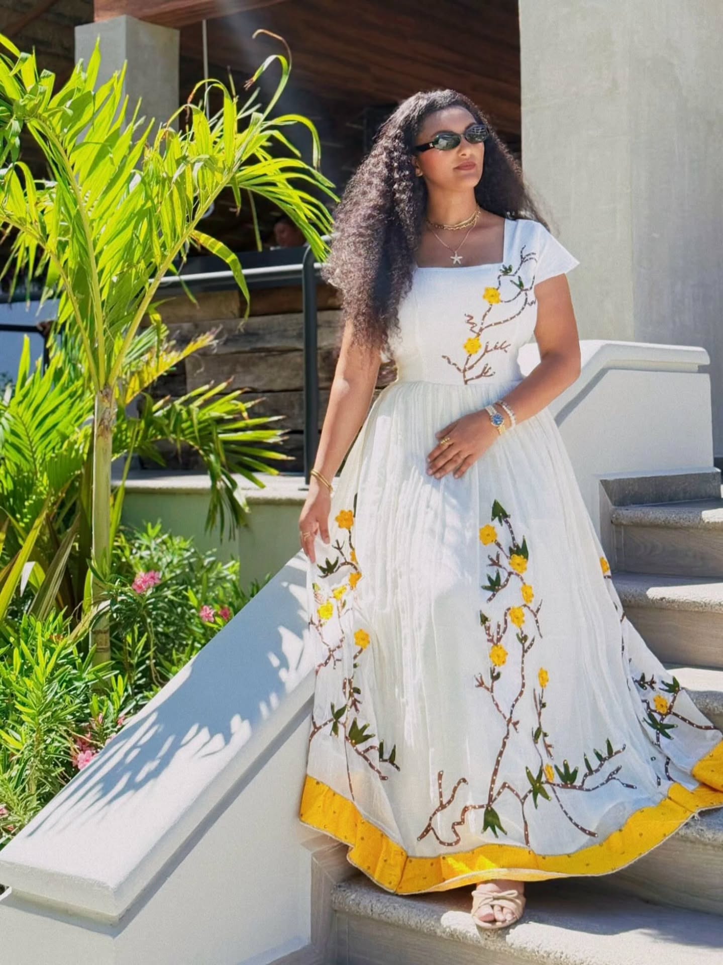 Yellow Floral Habesha Kemis Graceful Ethiopian Traditional Dress Nature-Inspired Embroidery Habesha Dress 0099