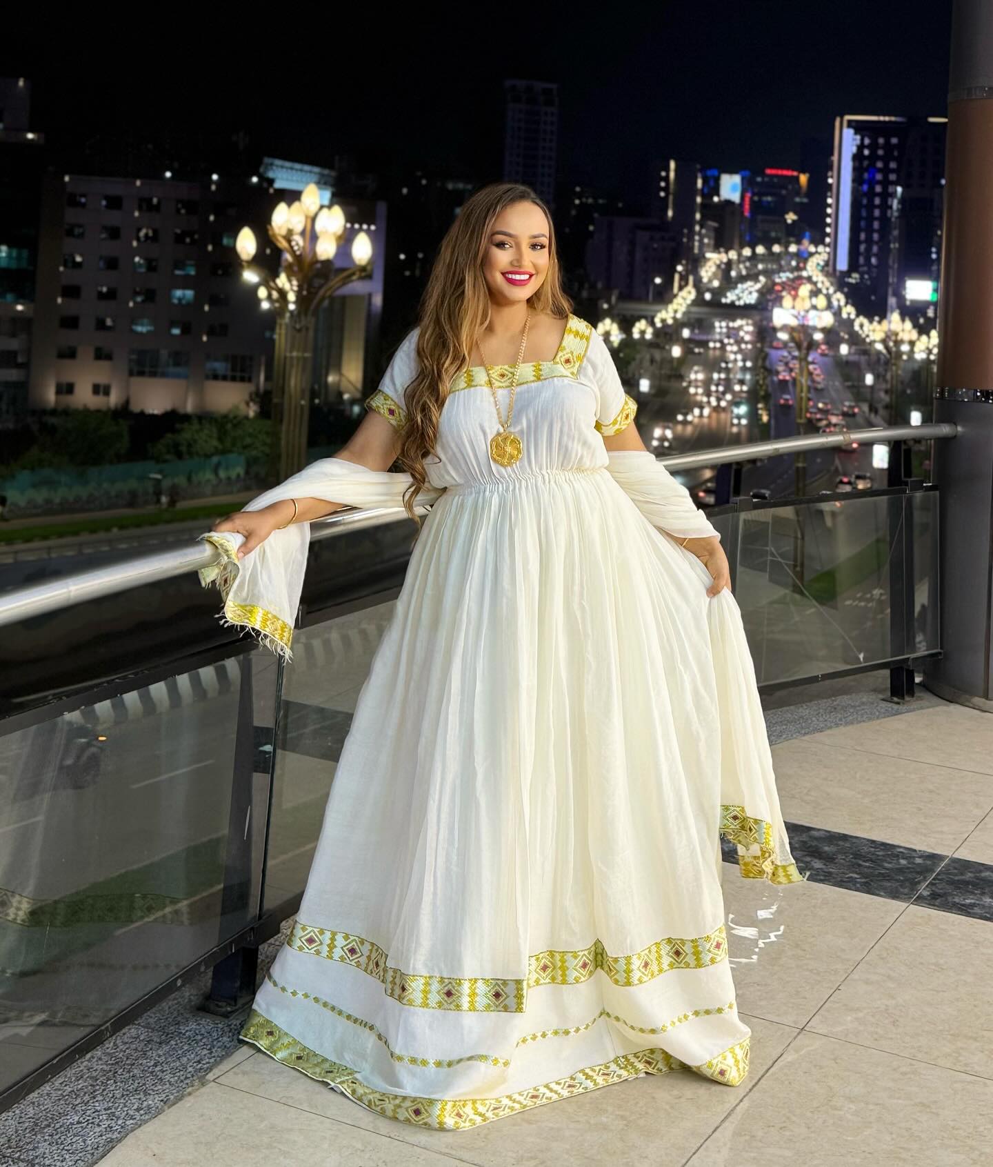 Classic Ethiopian Habesha Kemis Yellow Tibeb Habesha Dress for Elegant Occasions Timeless Ethiopian Wear 103