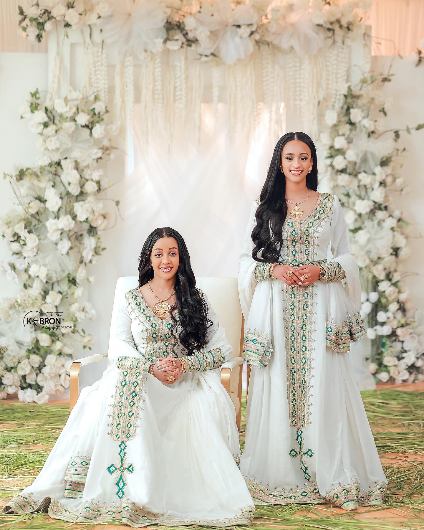 Unique Cross Tibeb Embroidery Ethiopian Clothing Green-gold Pattern Habesha Dress Graceful Habesha Kemis For Events 106