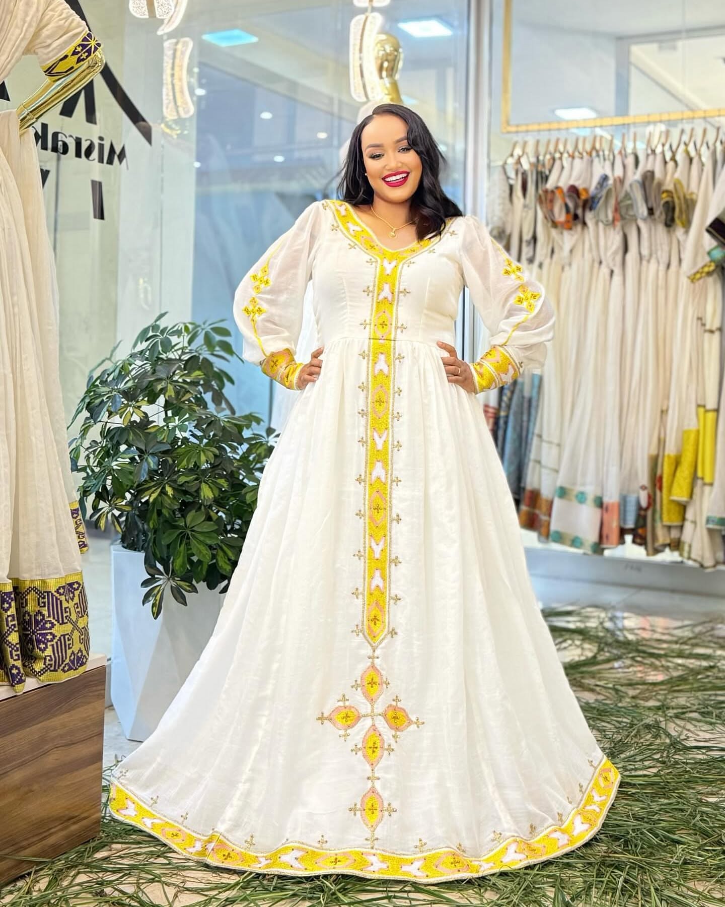 Yellow & White Habesha Kemis Traditional Ethiopian Clothing Cross Design Habesha Dress 108
