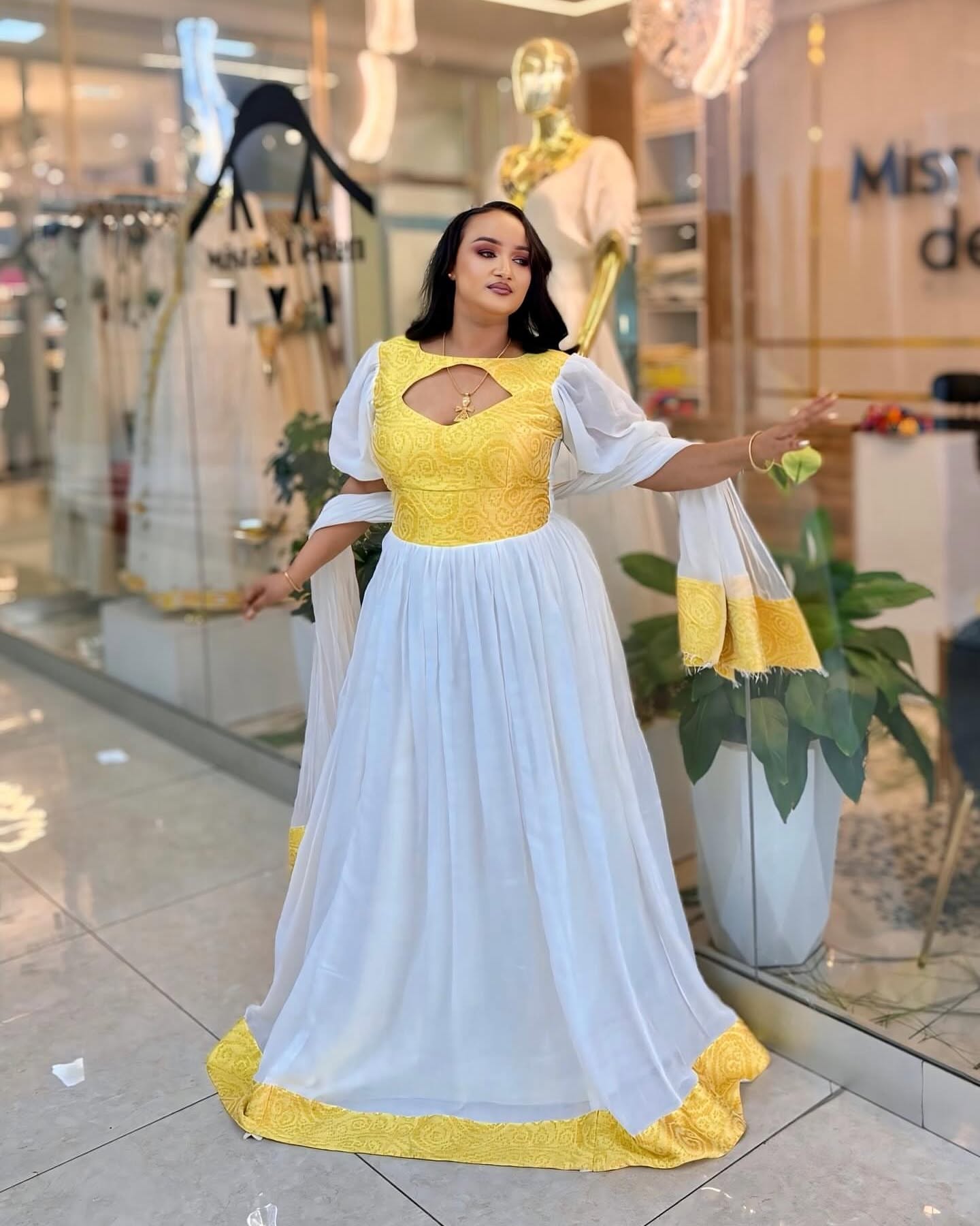 Bright Yellow & White Habesha Dress Elegant Traditional Ethiopian & Eritrean Dress Timeless Habesha Kemis 128