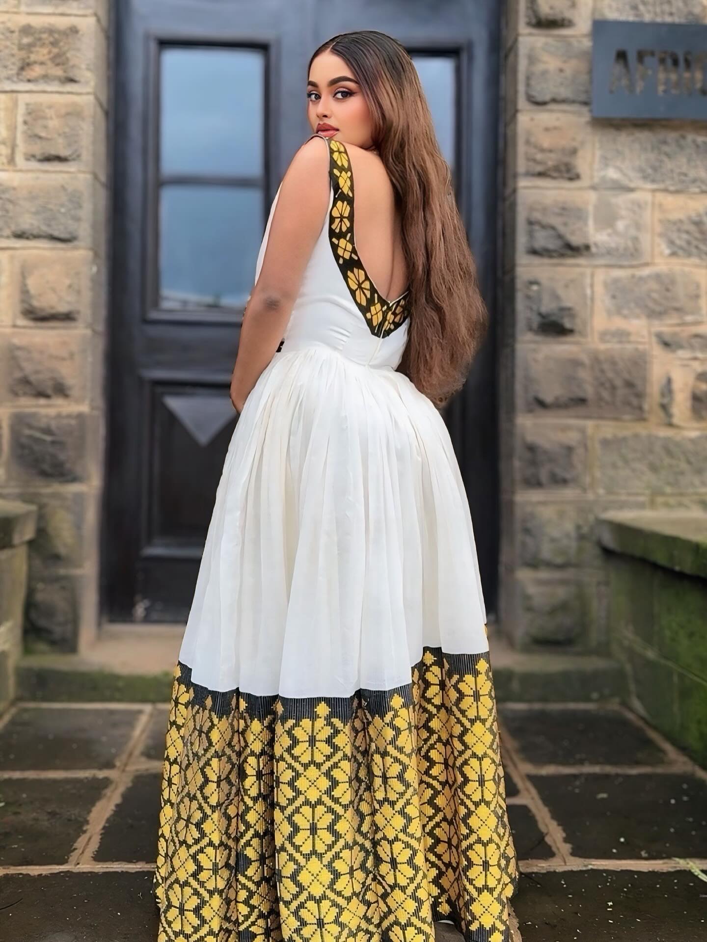 Modern Backless Habesha Dress Bold Yellow Pattern Ethiopian & Eritrean Clothing Stylish Habesha Kemis 130