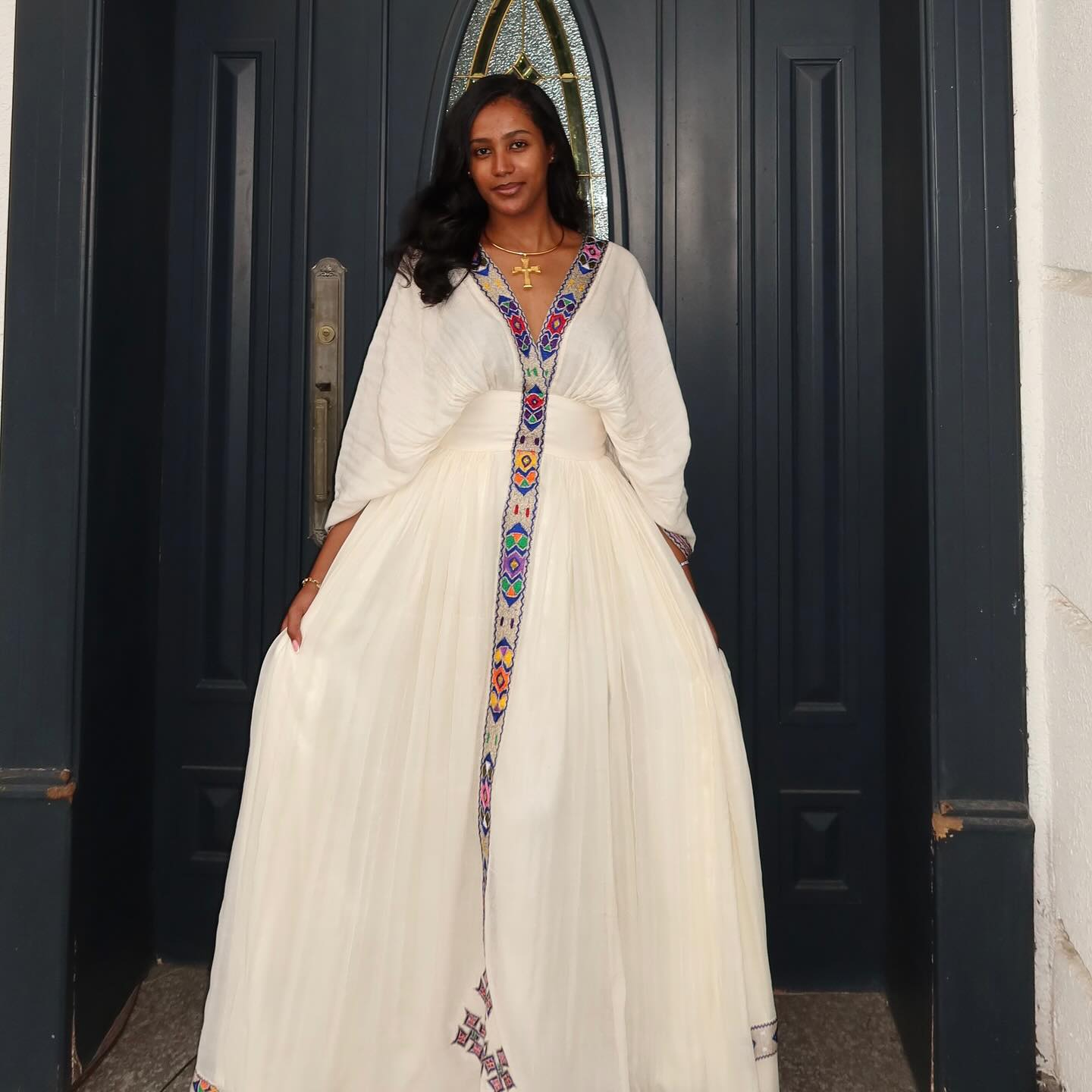 White Habesha Kemis Colorful Tilet Ethiopian & Eritrean Dress Handwoven Habesha Dress 134