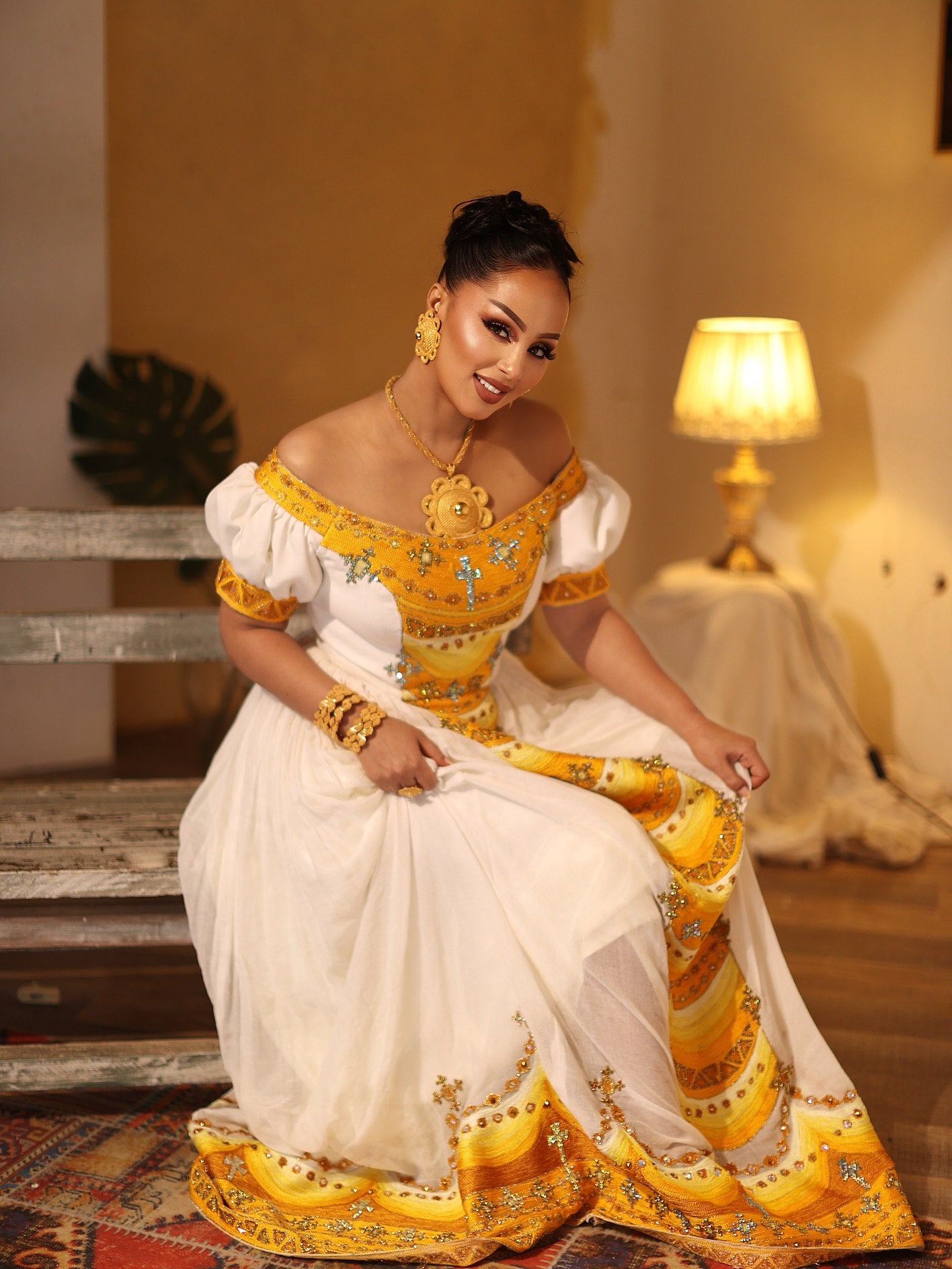 Off-Shoulder Ethiopian Dress Yellow Embroidery Habesha Kemis Cultural Habesha Dress For Special Occasions 154