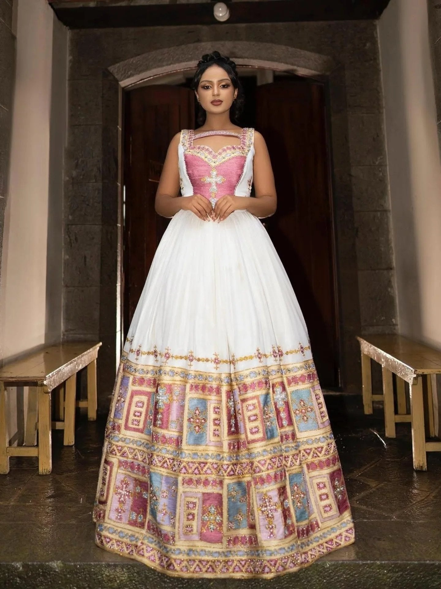 Majestic Traditional Ethiopian Wedding Dress Elegant Habesha Dress Multicolored Pattern Habesha Kemis 160
