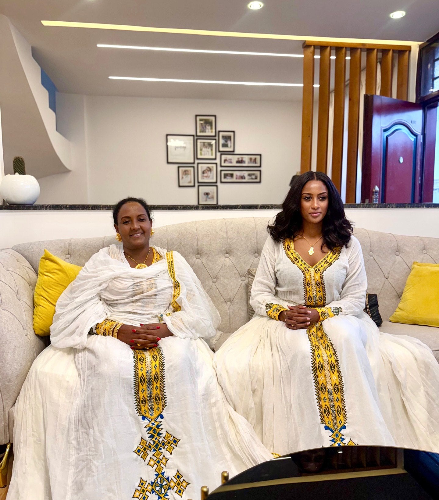 Yellow & Blue Cross Embroidery Habesha Dress White Ethiopian Traditional Dress Festive Habesha Kemis 168