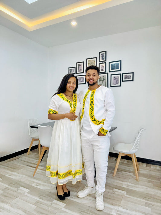 Matching Habesha Couple Outfit with Yellow Embroidery
