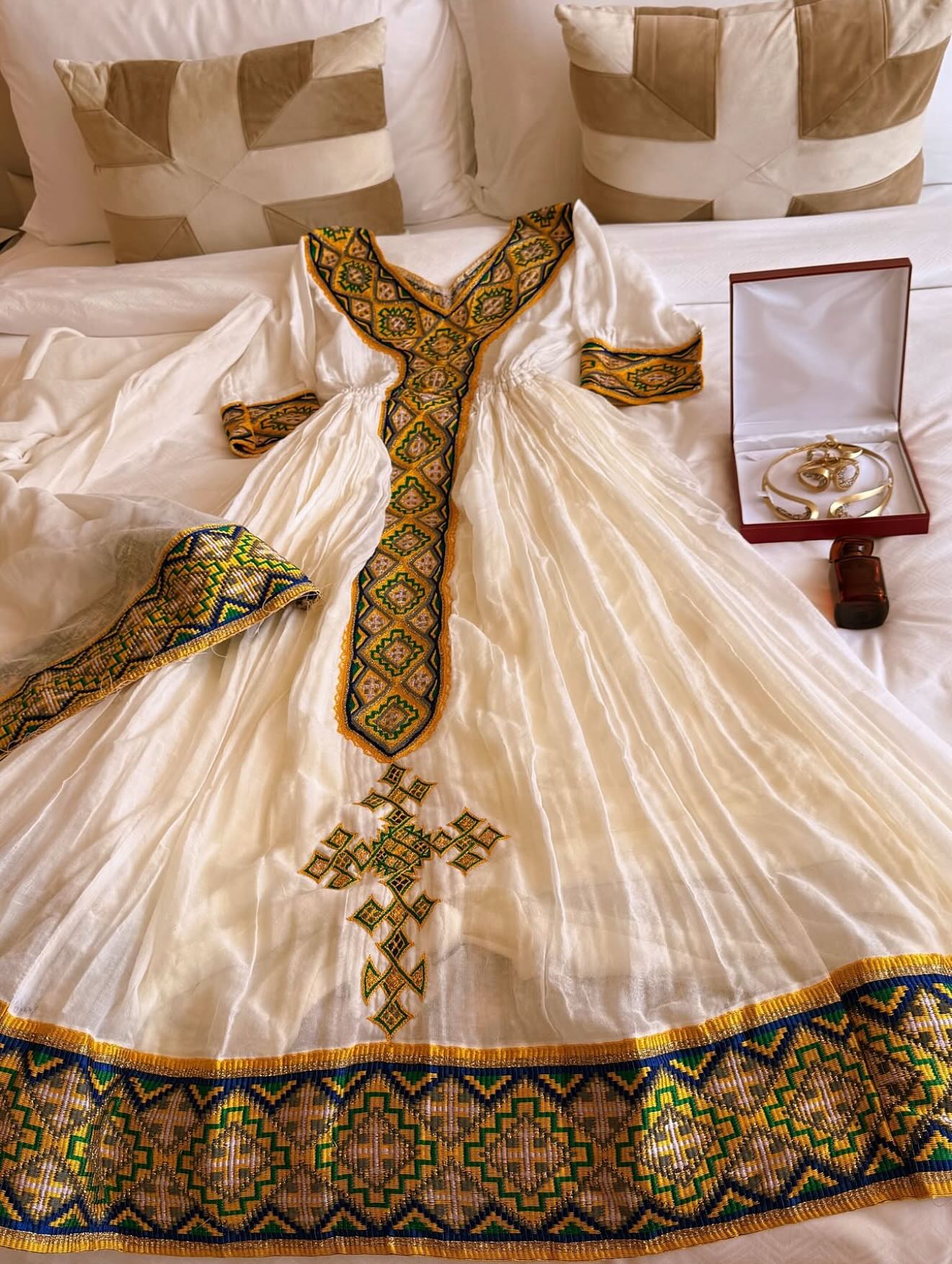 green and gold embroidery Habesha Dress Handwoven Habesha Kemis Festive Traditional Ethiopian Clothing 178