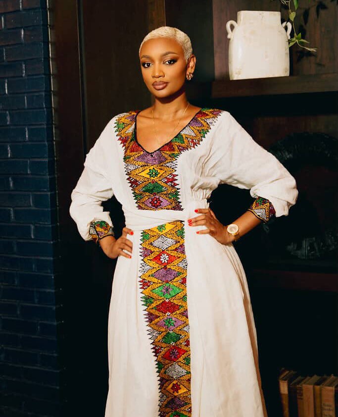 White Habesha Traditional Dress Colorful Embroidered Habesha Kemis Long Sleeve Habesha Dress 181