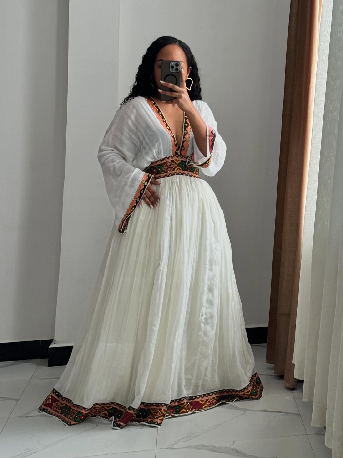 V-Neckline Ethiopian Traditional Dress Timeless Habesha Kemis Handwoven Habesha Dress 191
