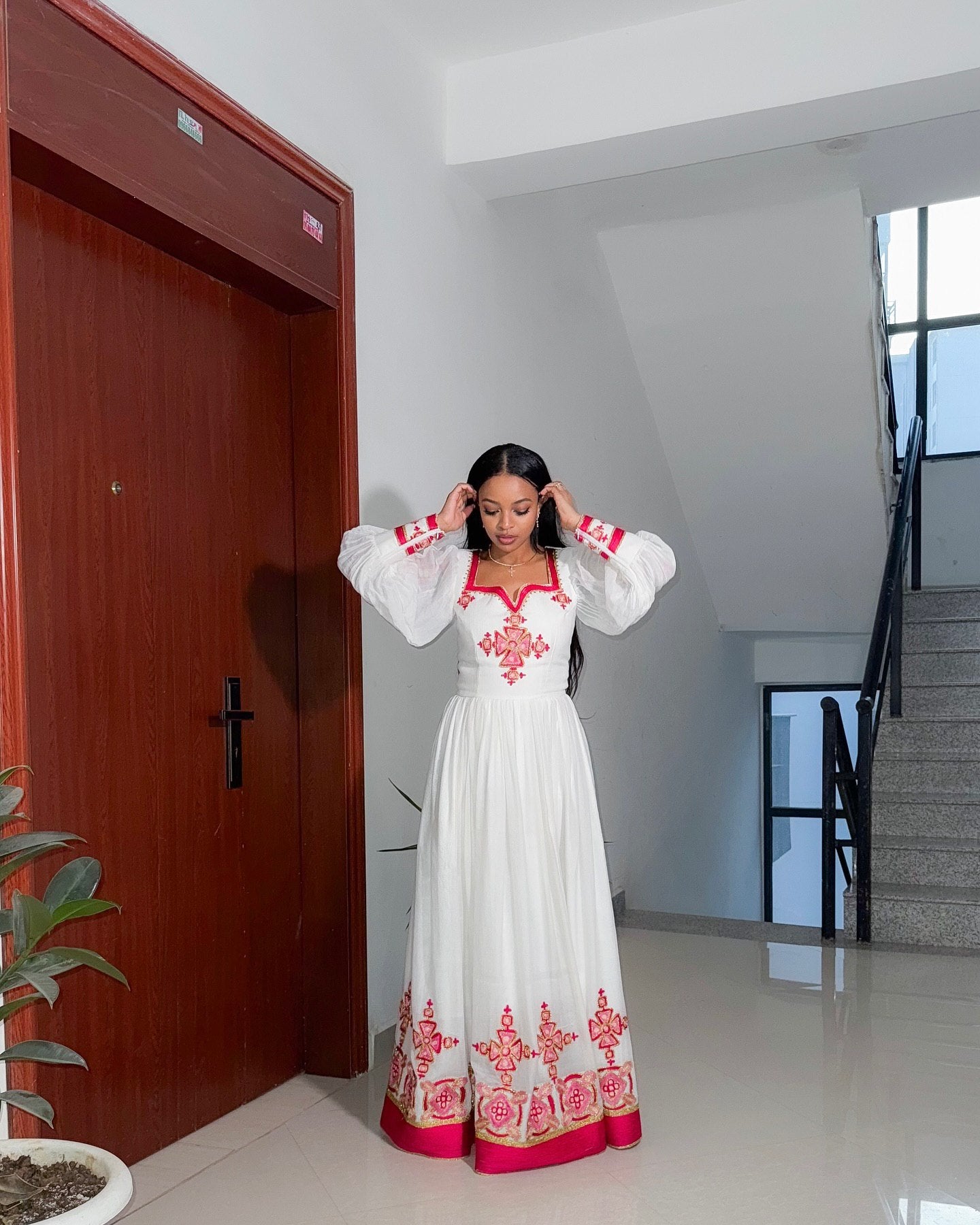 Red Embroidered Habesha Kemis Long Sleeve Ethiopian Traditional Dress Cross Design Habesha Dress 165