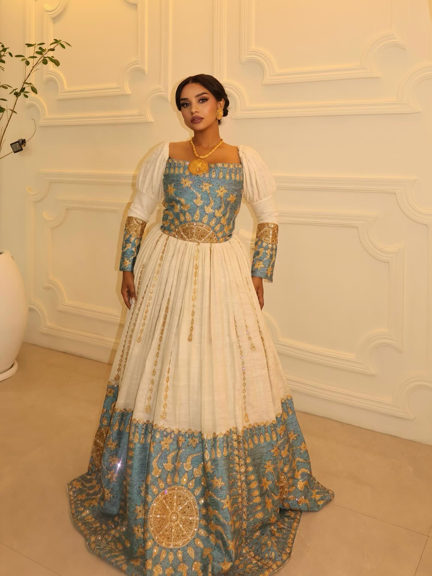 Turquoise & Gold Habesha Kemis Elegant Traditional Ethiopian Wedding Dress L