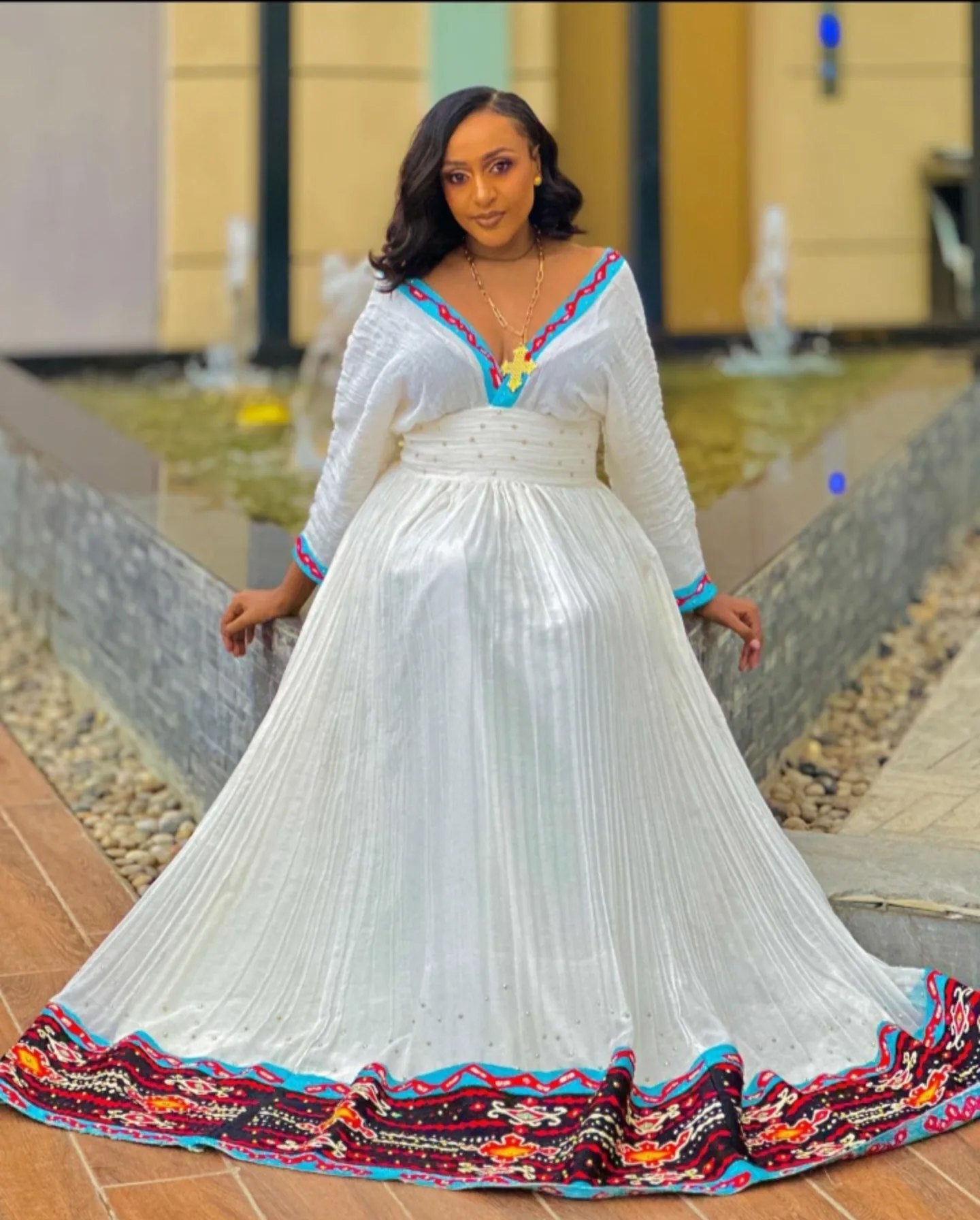 V-Neckline Habesha Kemis Festive Habesha Dress Traditional Ethiopian Dress with Multicolor Embroidery 198