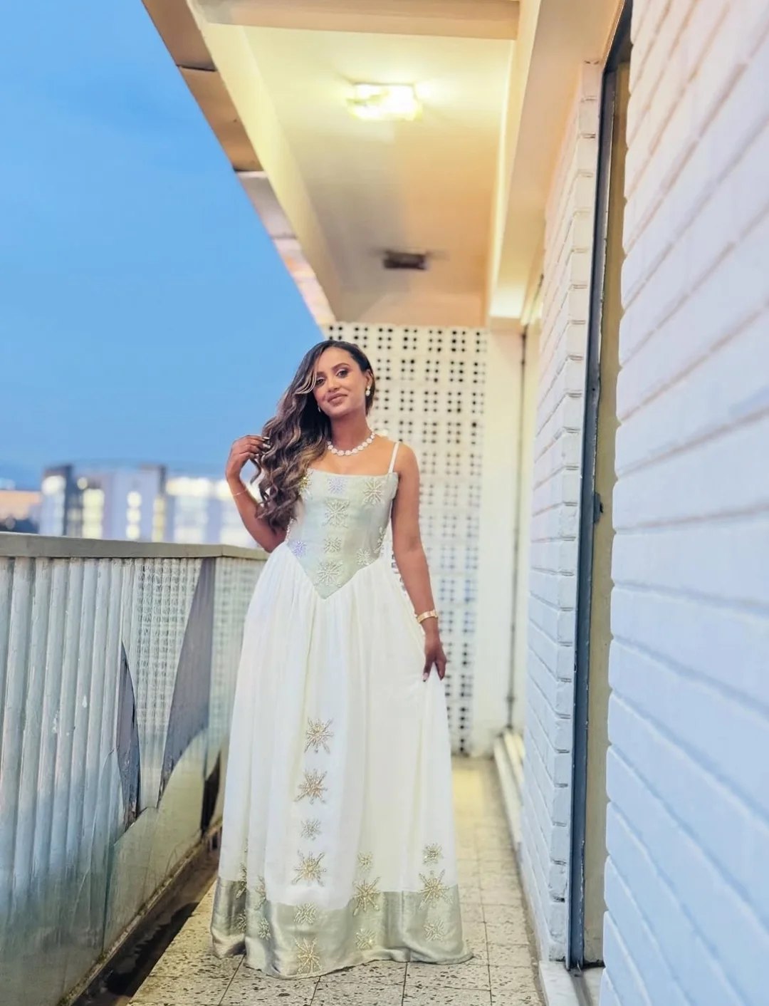 Sleeveless Habesha Dress Elegant White Ethiopian Traditional Dress with Cross Embroidery