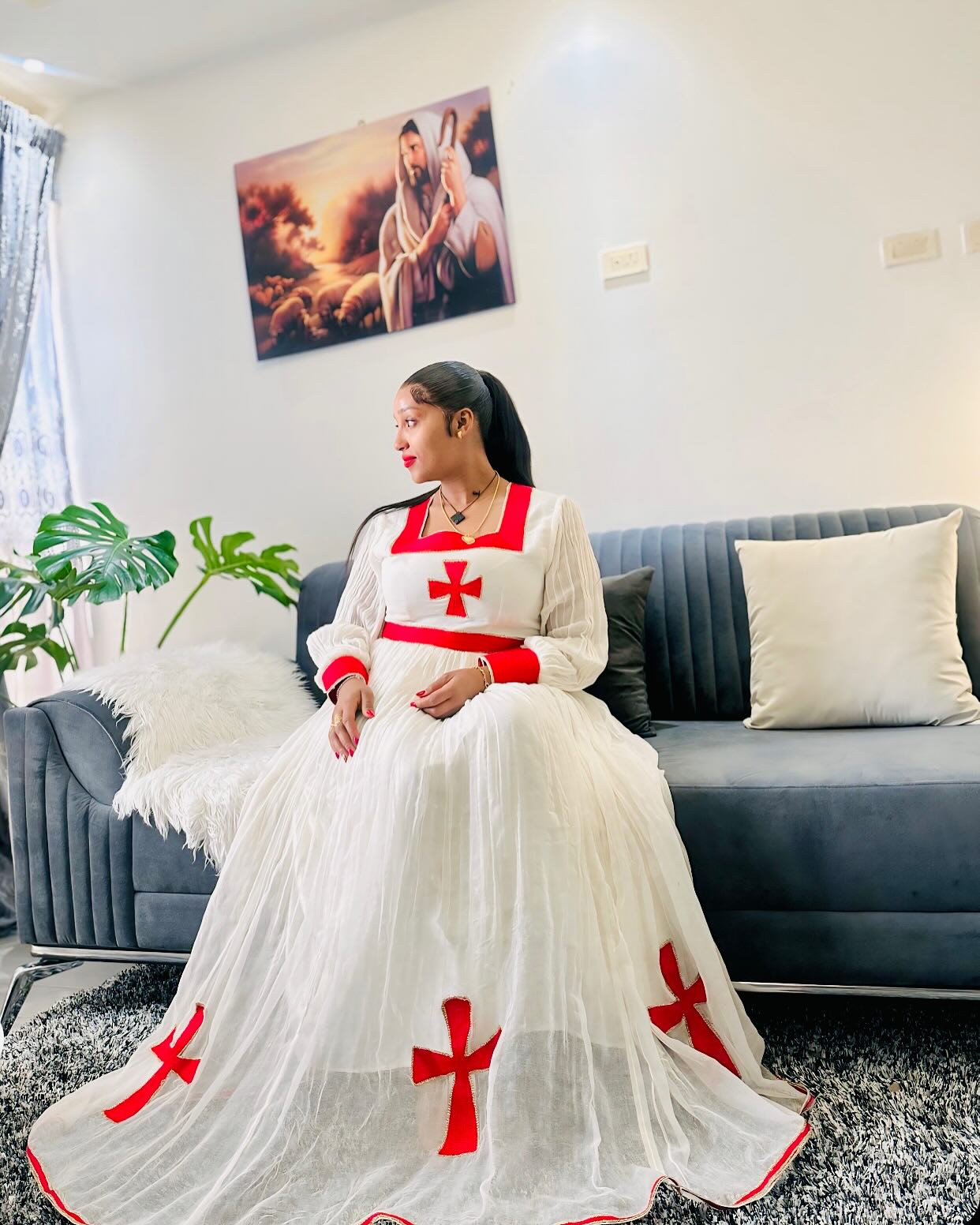 Long-Sleeve Ethiopian Dress Red Cross habesha kemis Stunning Habesha Dress For Festive 323
