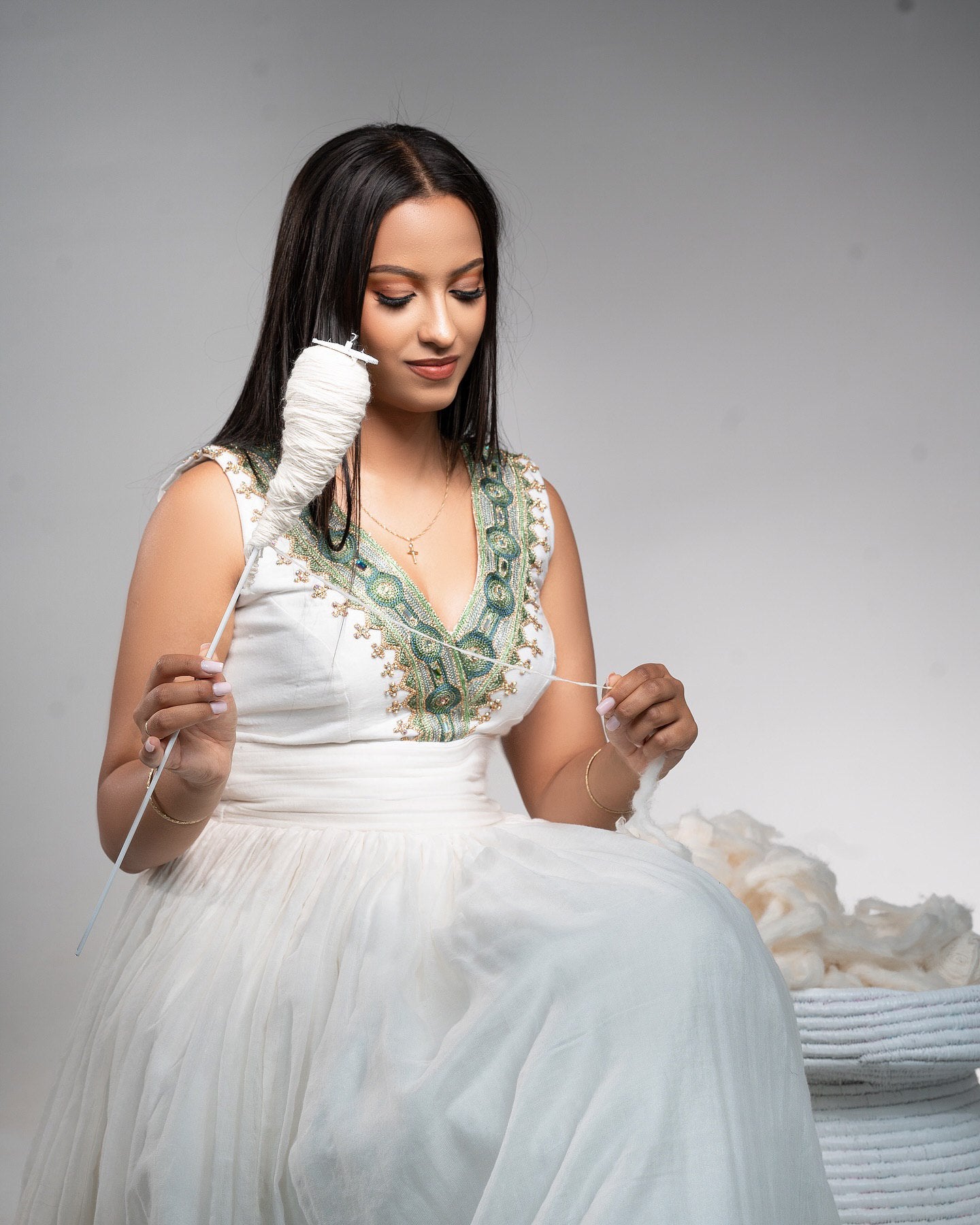 White V-Neck Habesha Dress Green & Gold Tibeb Ethiopian Wear Elegant Cultural Habesha Kemis 0058