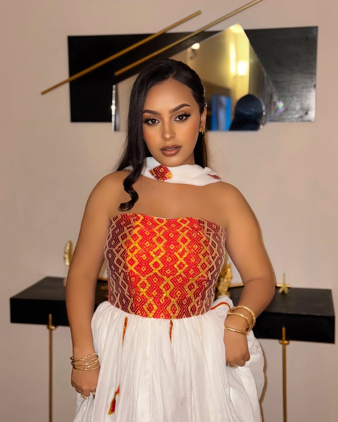 Modern Ethiopian Habesha Dress Red And Gold Bodice Embroidery Habesha Kemis Strapless Ethiopian Dress With Cultural Depth 0079