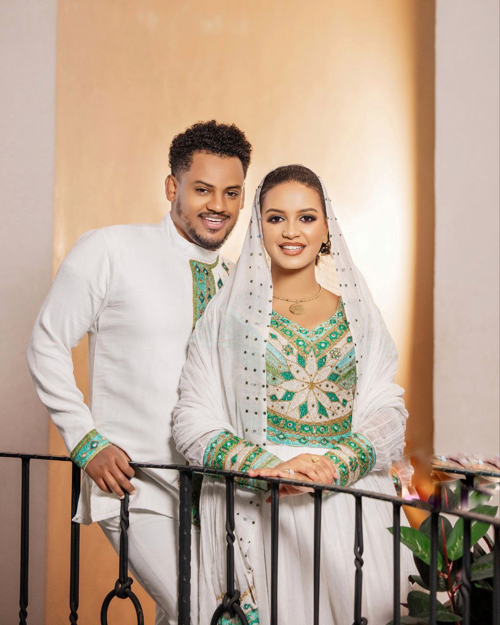 Ethiopian Traditional Matching Couple Outfit Green and Gold Embroidery Matching Set Ethiopian Couple's Wear 0080