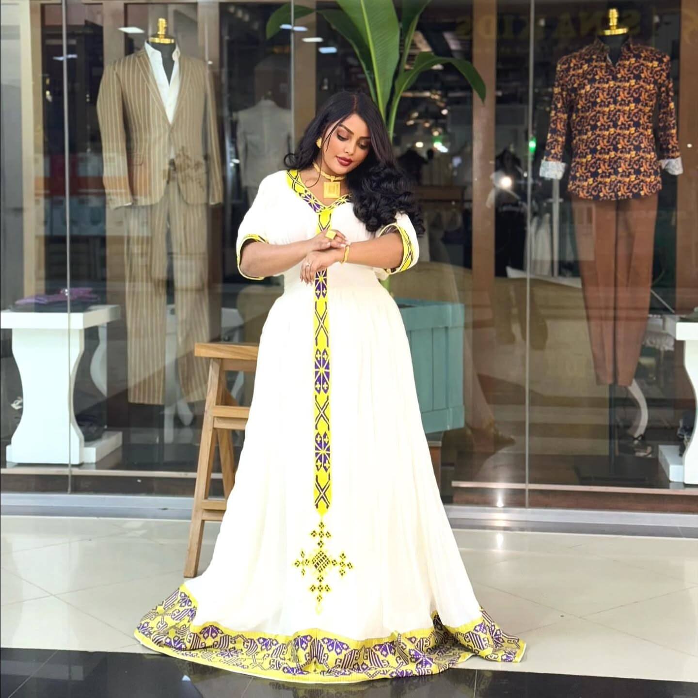 Cultural Ethiopian Dress For Special Celebrations Yellow & Purple Tibeb Habesha Kemis Soft Handwoven Habesha Dress 0090