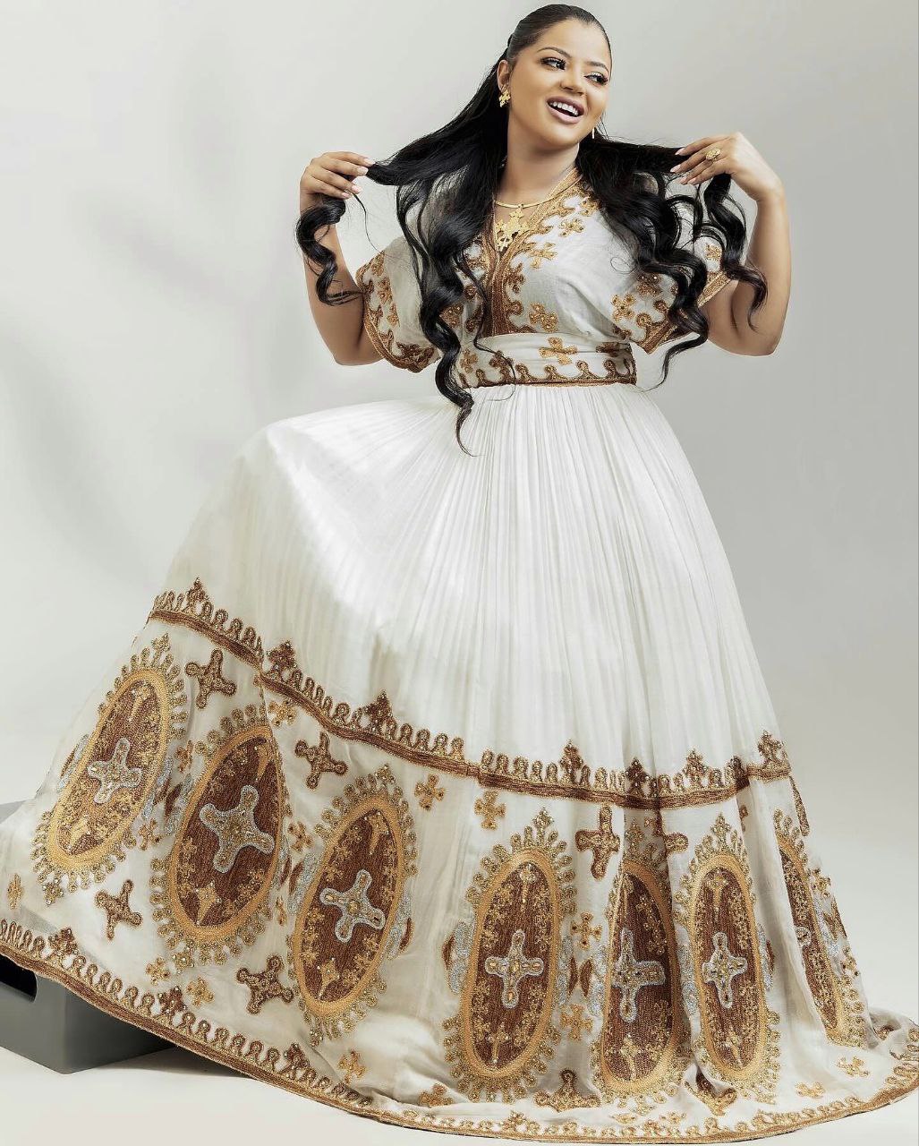 Gold Embroidered Ethiopian Traditional Dress Regal Habesha Kemis For Wedding Classic Wedding Habesha Dress 0092