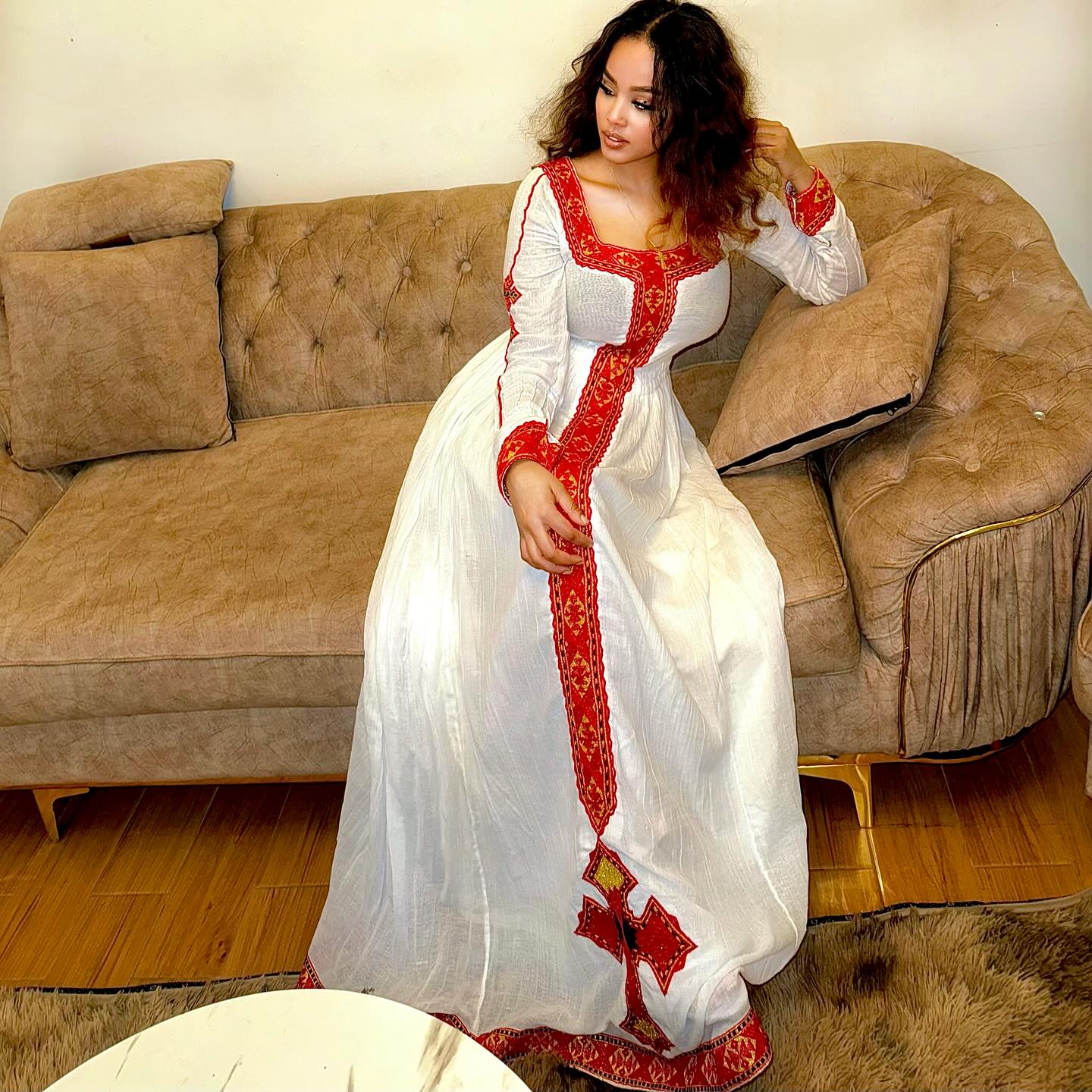 Ethiopian Habesha Kemis with Red Cross Motif Traditional White Habesha Dress Beautiful Ethiopian Cloth For Festive 0094