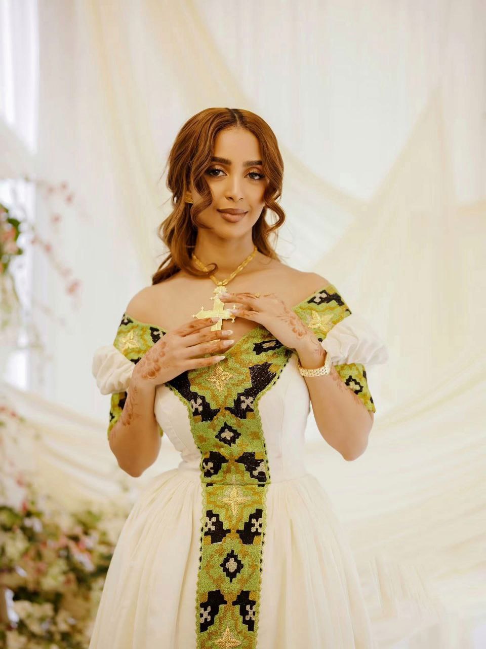 Traditional Ethiopian Habesha Kemis Green & Black Tibeb Ethiopian Cloth Cross Design Habesha Dress 0097