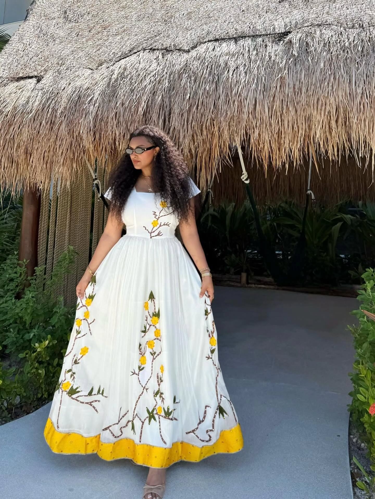 Yellow Floral Habesha Kemis Graceful Ethiopian Traditional Dress Nature-Inspired Embroidery Habesha Dress 0099