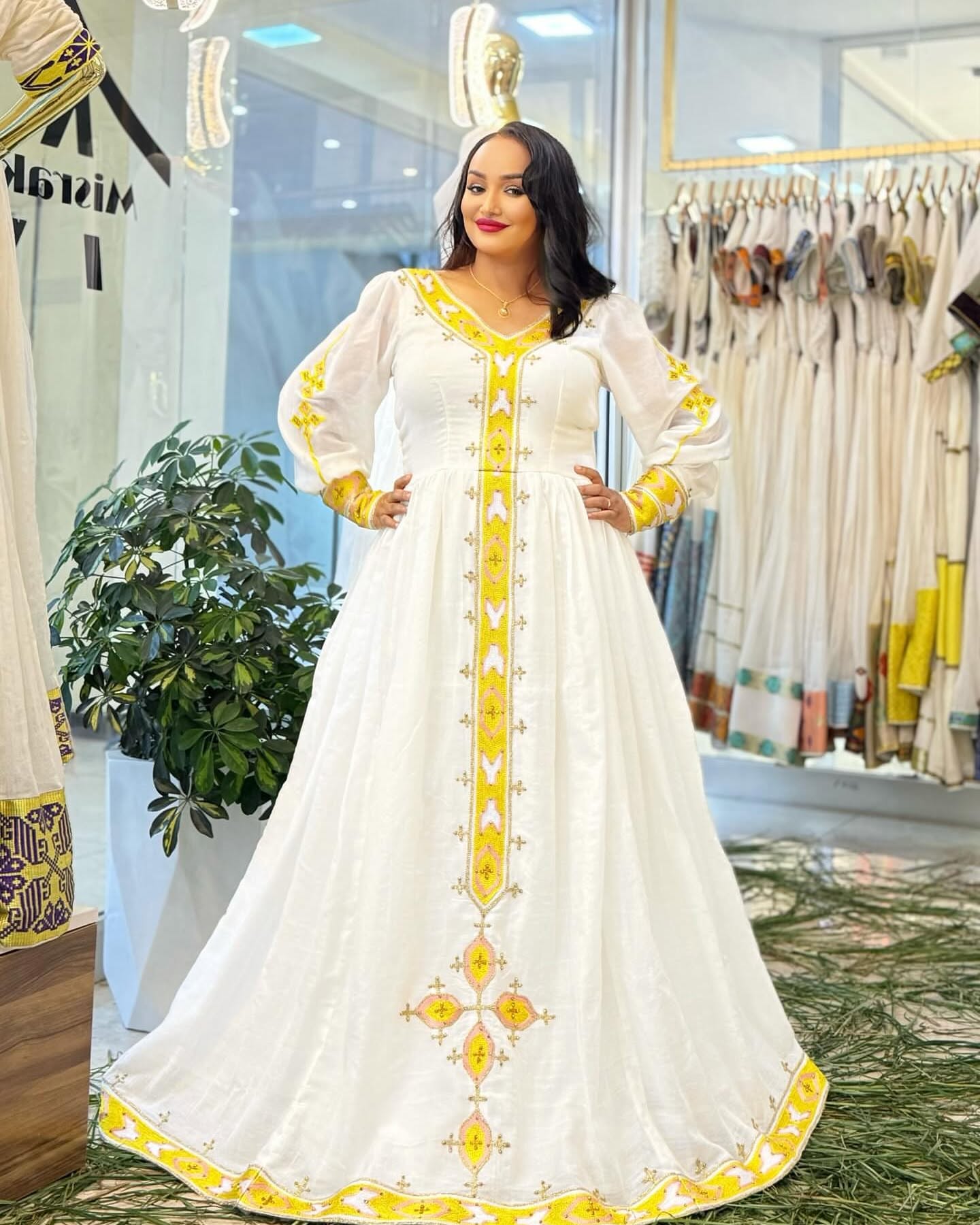 Yellow & White Habesha Kemis β Traditional Ethiopian Dress with Cross Design